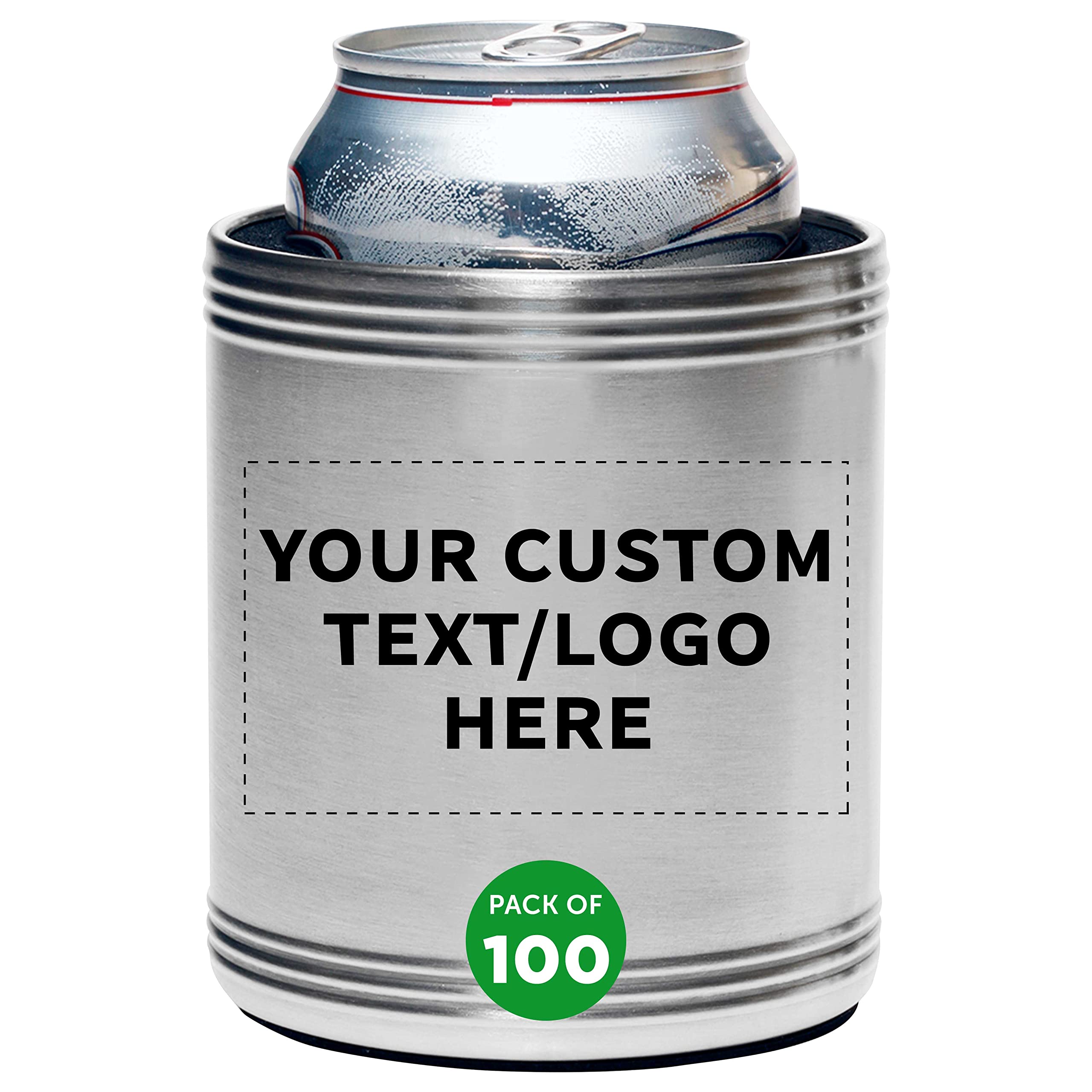 Custom Stainless Steel Can Coolers Set of 100 - Personalized Bulk Pack for Beer, Soda & Beverages - Silver - Perfect for Parties, BBQs, Bars & Outdoor Events