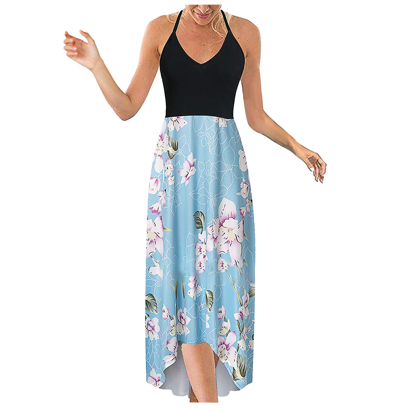Zieglen Women's Floral Print Maxi Dress - Sleeveless Strap Open Sundress with Asymmetrical Patchwork Design | Perfect for Beach Vacations, Summer Parties & Casual Outings
