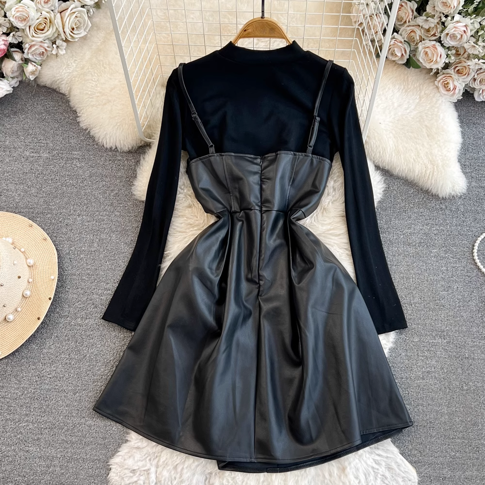 Stylish Autumn & Winter Two-Piece Set - A-Line PU Leather Suspender Dress 1476 | Perfect for Office, Party & Holiday Outfits