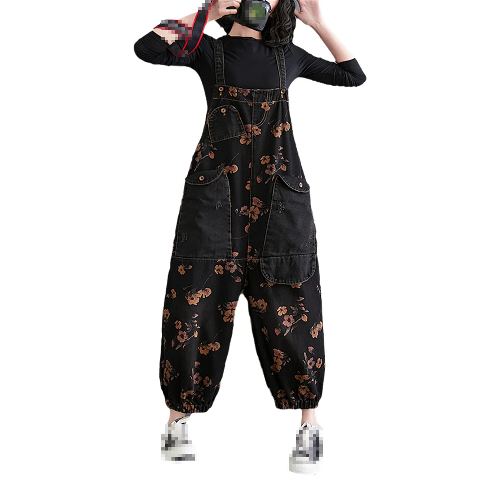 Women's Black Loose Fit Denim Jumpsuit with Floral Print - Oversized Casual Romper with Big Pockets & Adjustable Straps - Perfect for Streetwear, Summer Outfits & Boho Fashion