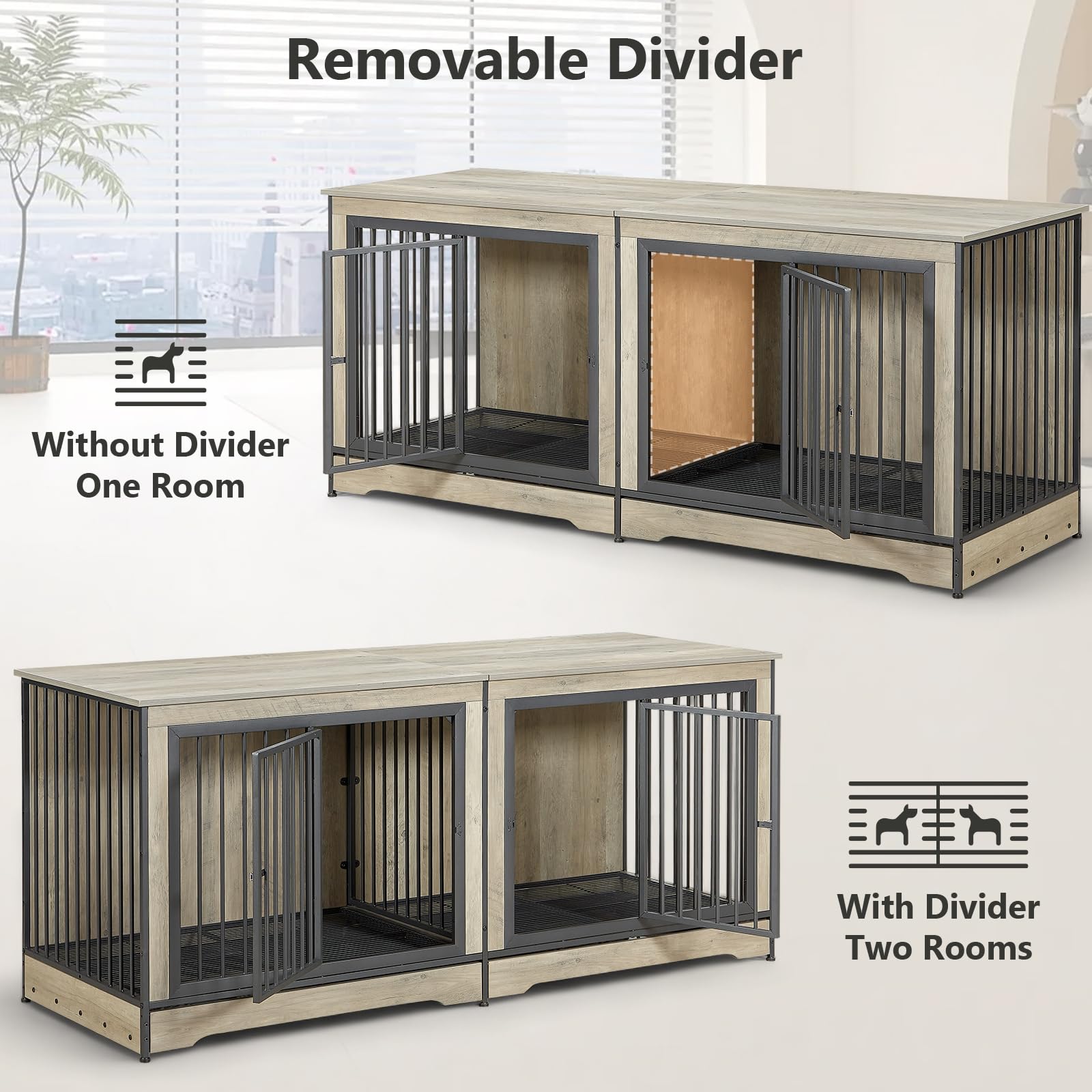 Rovibek 75 Inch Double Dog Crate Furniture with Removable Divider - Large Medium Dog Kennel with Double Doors, Grey - Perfect as Dog Crate TV Stand or Living Room Pet Furniture for 2 Dogs