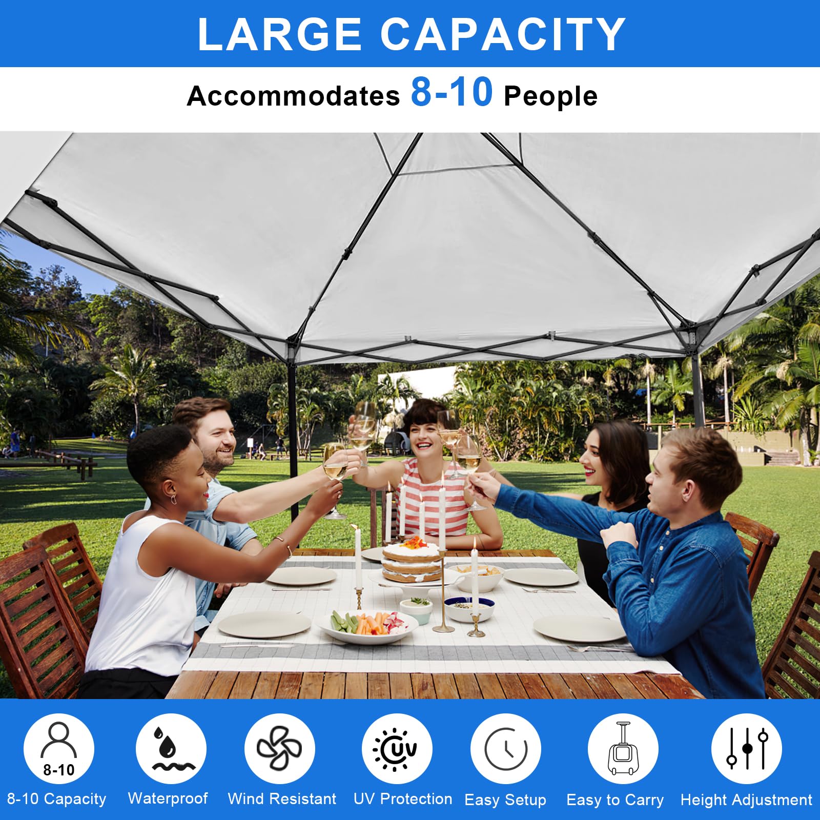 KAMPKEEPER 10x10 Pop Up Canopy Tent with Storage Pockets & Sidewalls - Easy Setup Sun Shelter with Vented Roof, UV & Rain Protection for Camping, Beach, Backyard, Picnics, Tailgating and Outdoor Events (White)