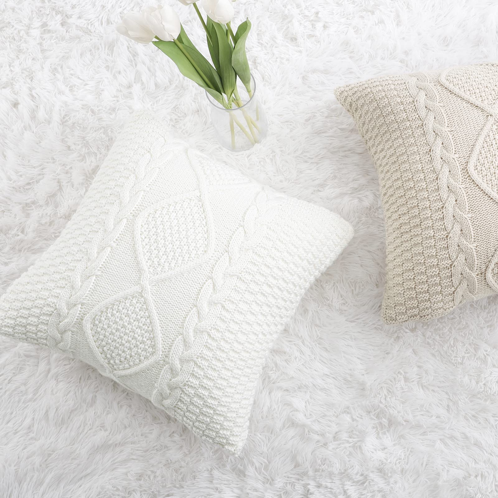 Luxury White Cotton Knitted Throw Pillow Covers 18x18 Inches - Soft Cozy Decorative Cushion Cases for Sofa, Couch & Bed - Perfect for Living Room, Bedroom & Outdoor Decor