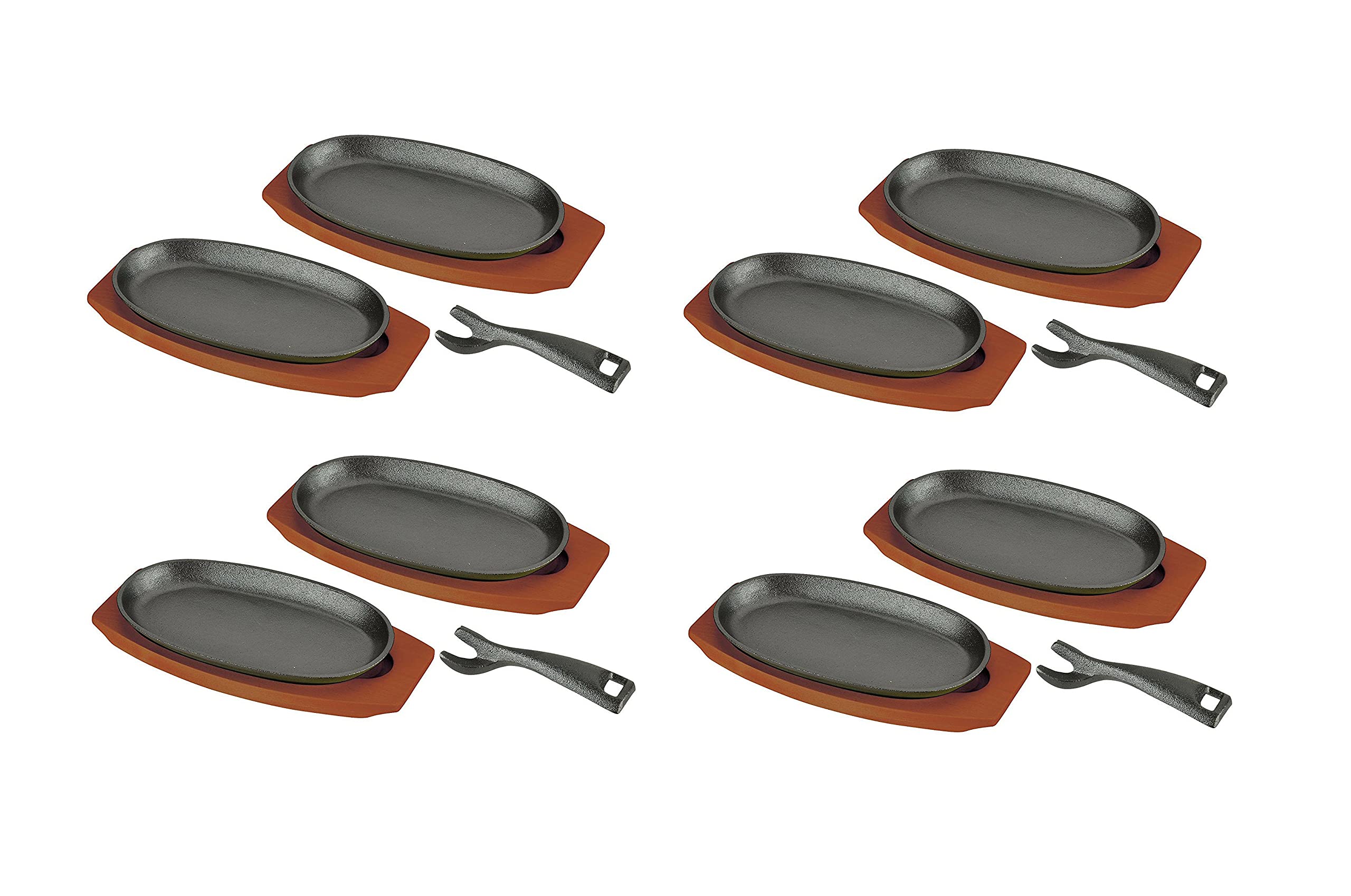 JapanBargain 1809 - 4-Piece Cast Iron Fajita Skillet Set with Wooden Base | Sizzling Steak Plates for Home & Restaurant | Induction Cookware | Perfect for Sizzling Fajitas, Steaks & Hot Stone Cooking