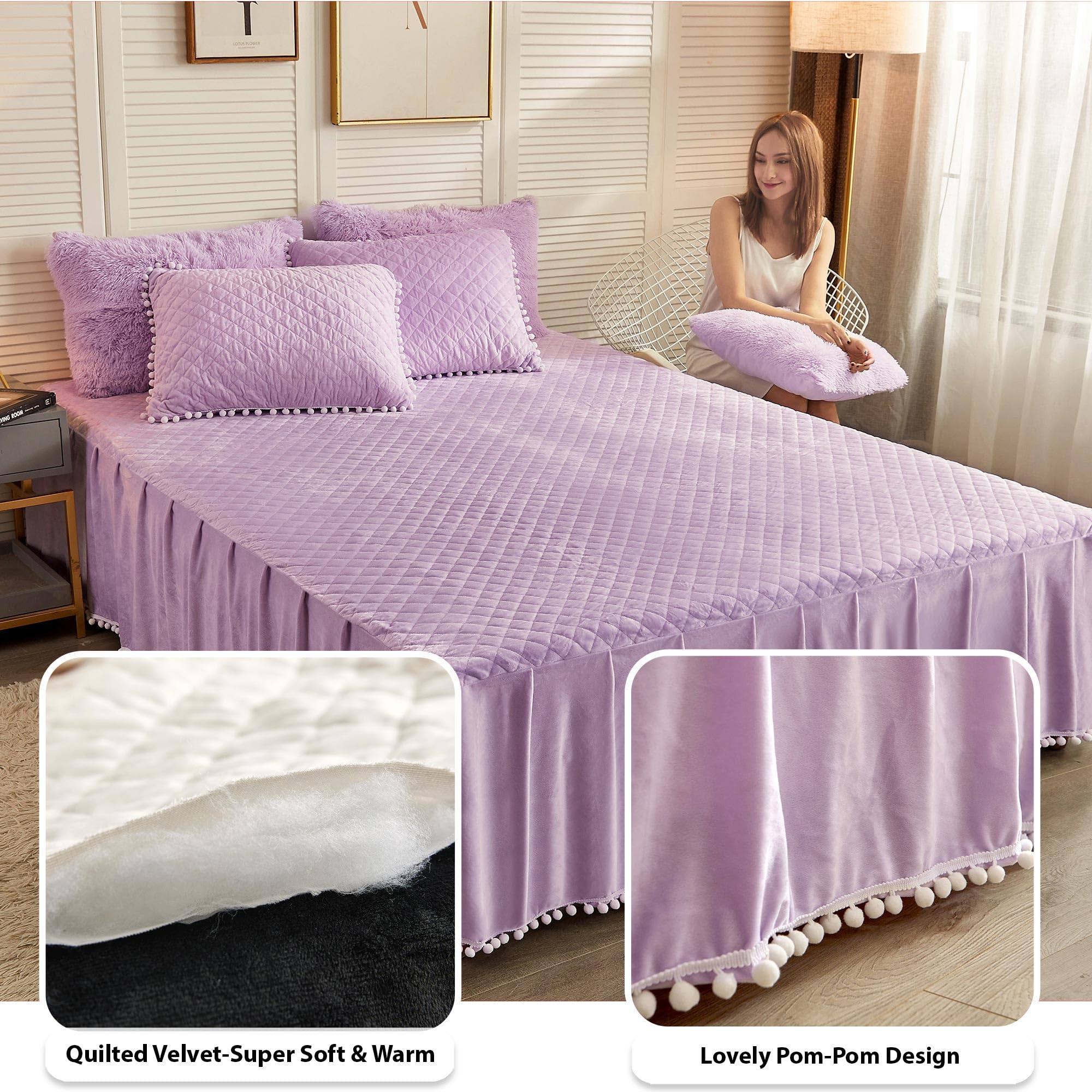 Luxury Pom Poms Velvet Bed Skirt - 18 Inch Drop Lavender Dust Ruffle Bed Skirt for Full/Queen Beds | Soft Cozy Quilted Fitted Bed Sheet with Elegant Fringe | Orchid Purple Bedspread Decor for Master Bedroom & Guest Room
