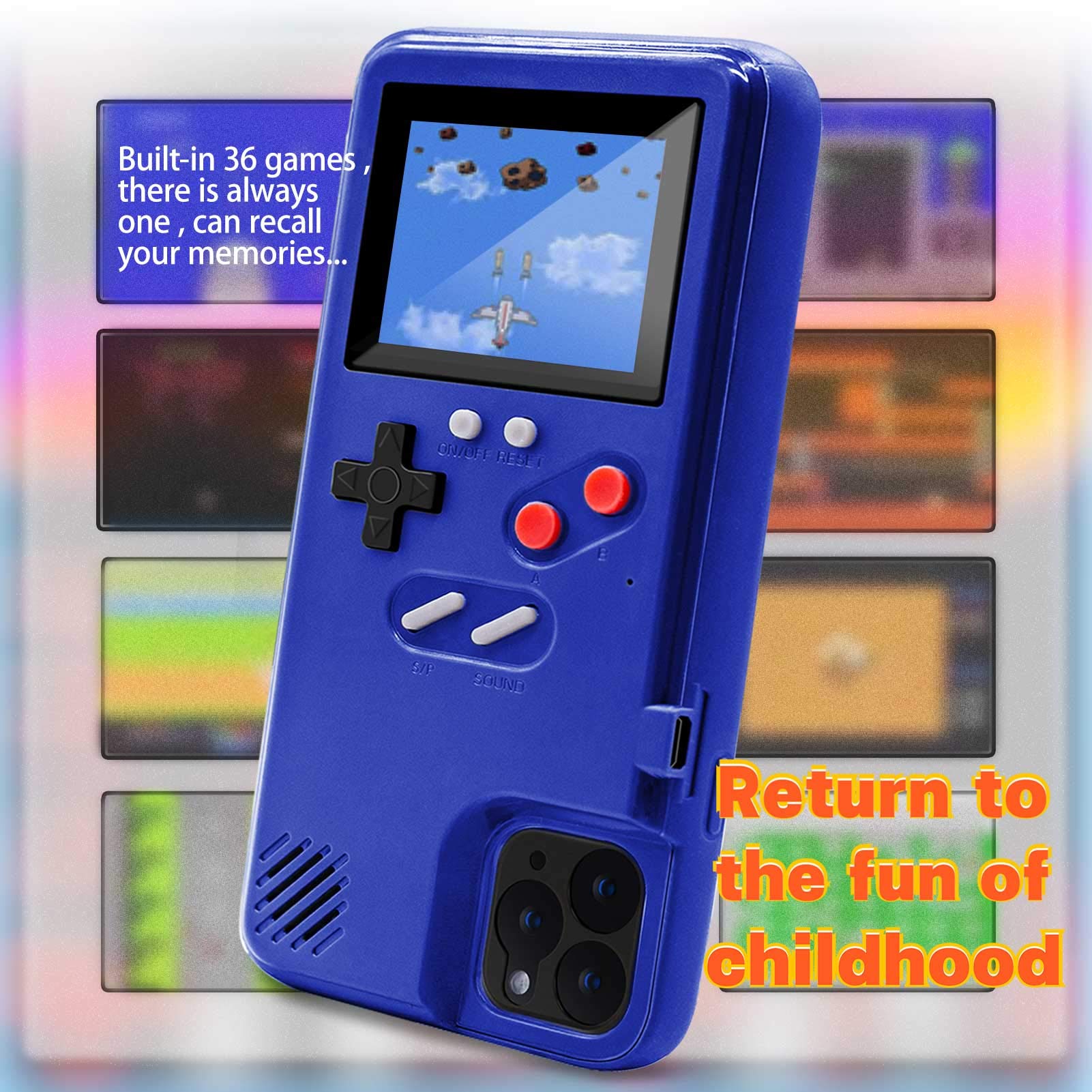 Retro Game Case for iPhone 12/12 Pro - 36 Built-in Classic Games, Color Display & Built-in Battery - Protective Gaming Case for iPhone (Blue) - Perfect for Travel, Commuting & Nostalgic Gaming Fun