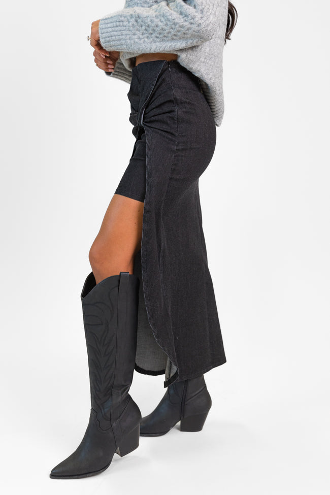 Unexpected Turn Black Denim Twist Front Midi Skirt | Women's Fashion Stretch Denim Skirt | Perfect for Casual Outings, Date Nights & Office Wear
