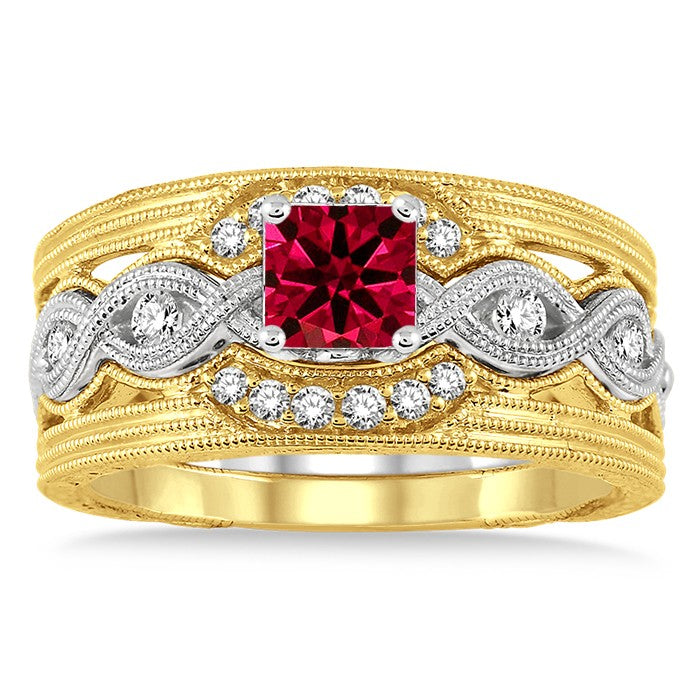 1.25 Carat Genuine Ruby Vintage Trio Bridal Set Engagement Ring in 10k White Gold - Perfect for Proposals, Anniversaries & Special Occasions