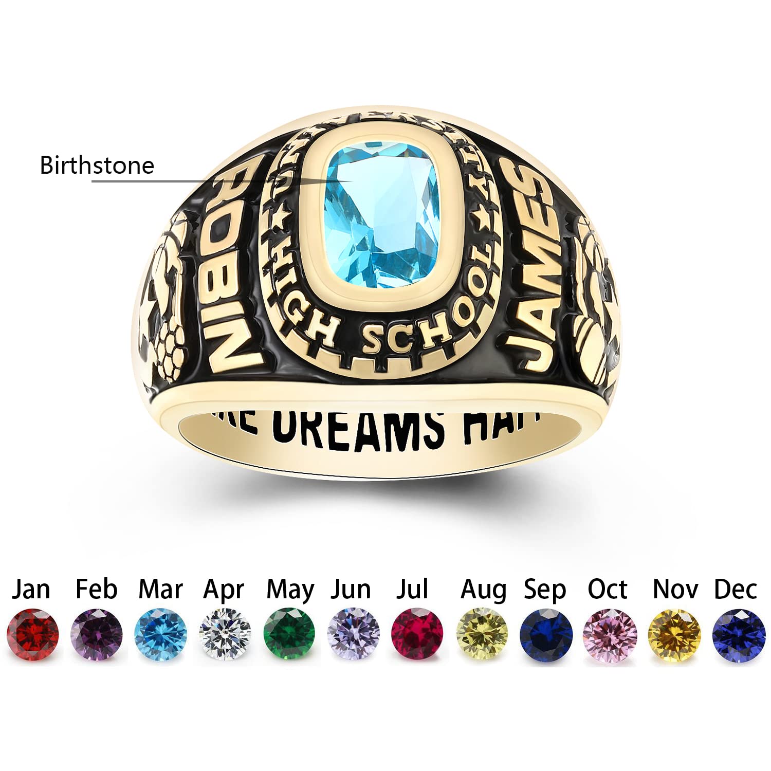 Custom Personalized Sterling Silver Class Rings for Women | High School & Graduation Rings with Cubic Zirconia & Birthstone | Gold Plated Sizes 5-15 | Perfect for 2024 Graduation Gifts, School Spirit & Memorable Keepsakes