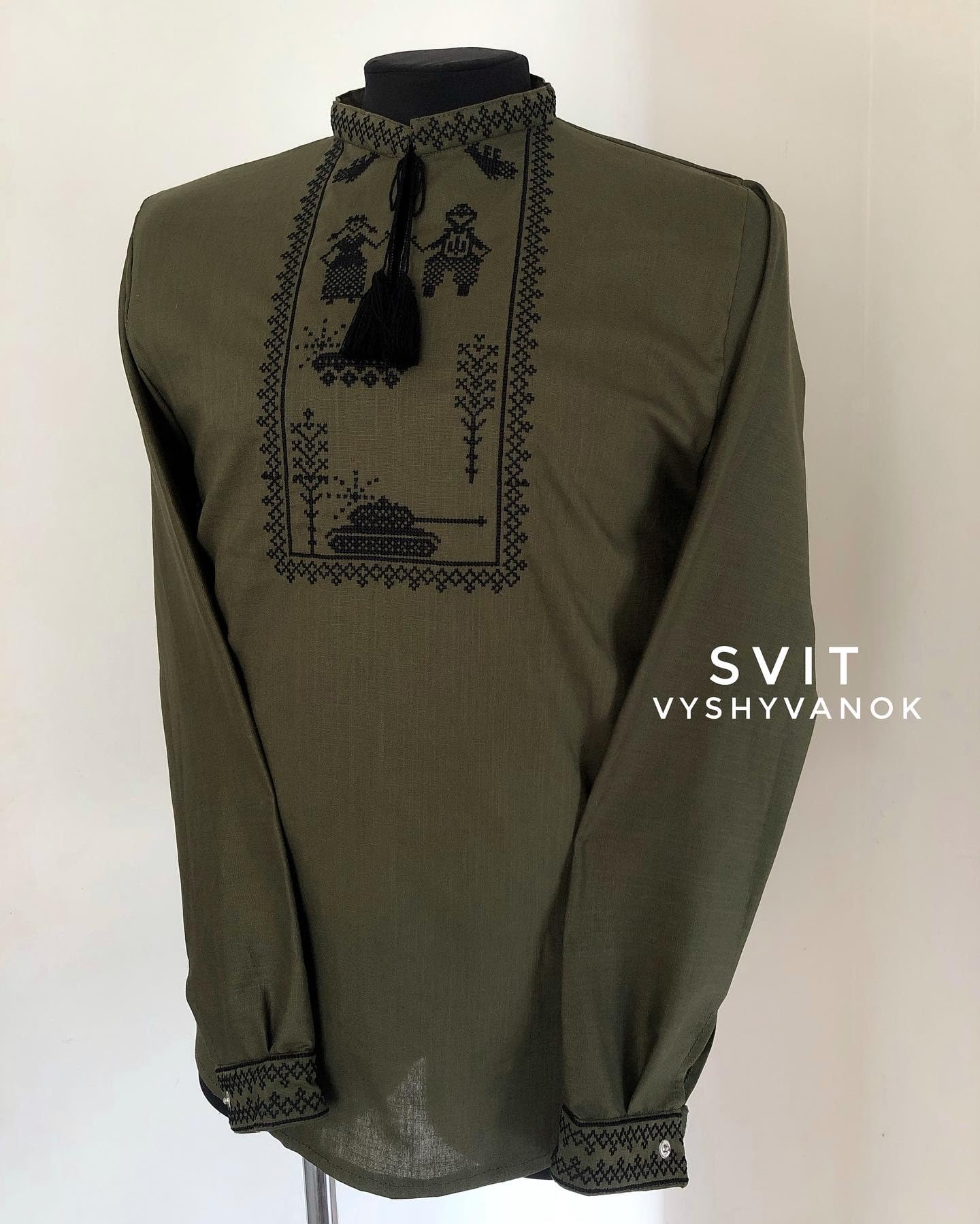 Embroidered Linen Shirt for Men - Military Style Khaki Vyshyvanka with Tank Design | Traditional Ukrainian Ethnic Shirt (Size L) | Perfect for Cultural Events, Cosplay & Patriotic Outfits