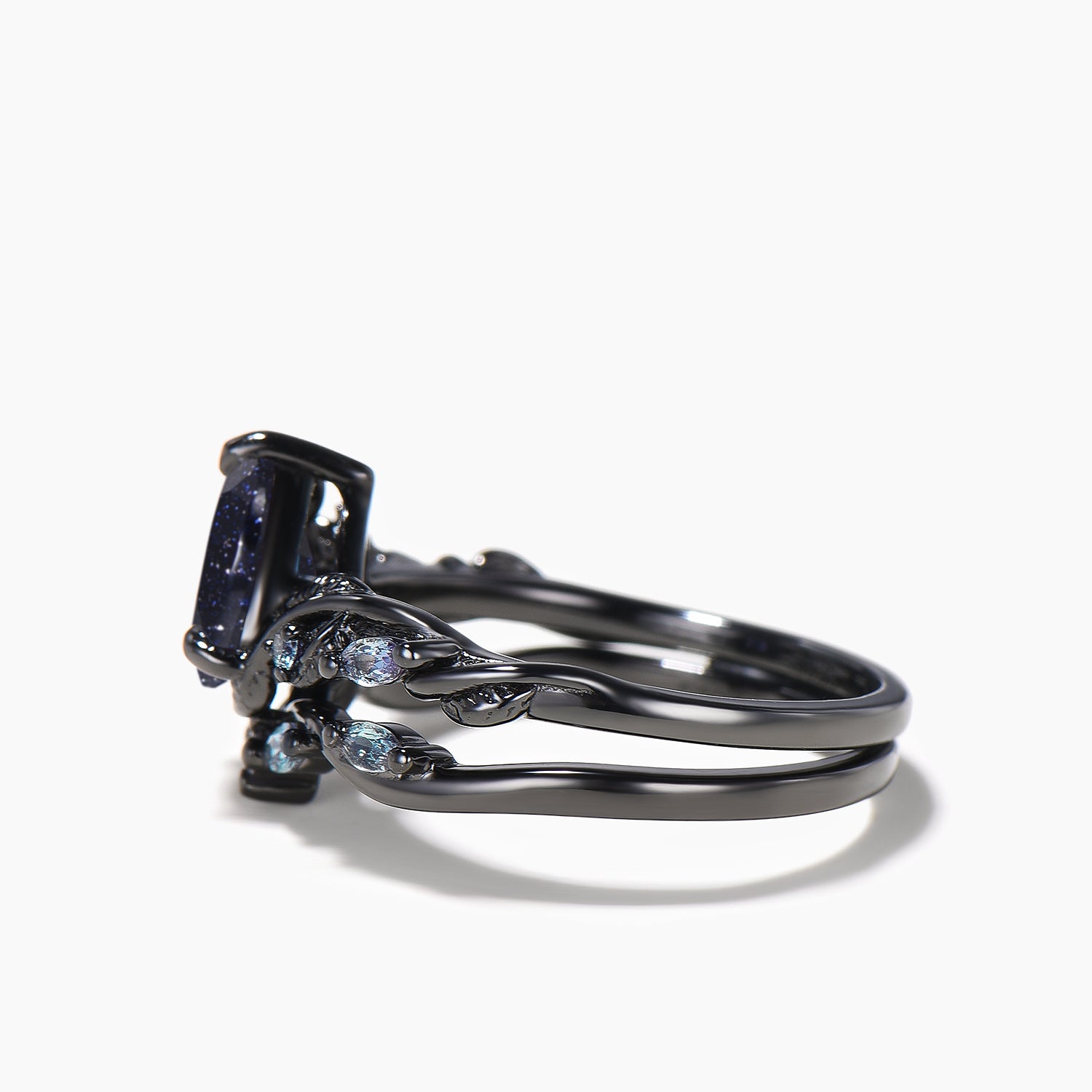 Black Gold Teardrop Cut Blue Sandstone Ring with Alexandrite - Nature Inspired Bridal Jewelry Set for Engagement, Wedding & Special Occasions