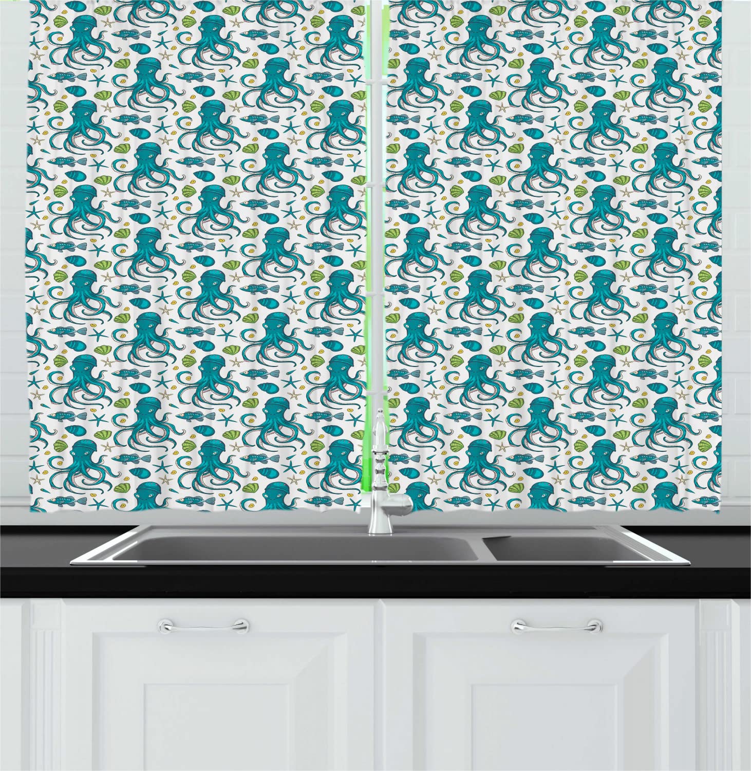 Ambesonne Underwater Theme Kitchen Curtains - Wise Octopus & Ocean Creatures Design with Seashells & Starfish, 2 Panel Rod Pocket Drapes for Windows (55x45 Inch, Petrol Blue & White) - Perfect for Beach House Decor, Coastal Living Rooms & Ocean-Themed Bedrooms