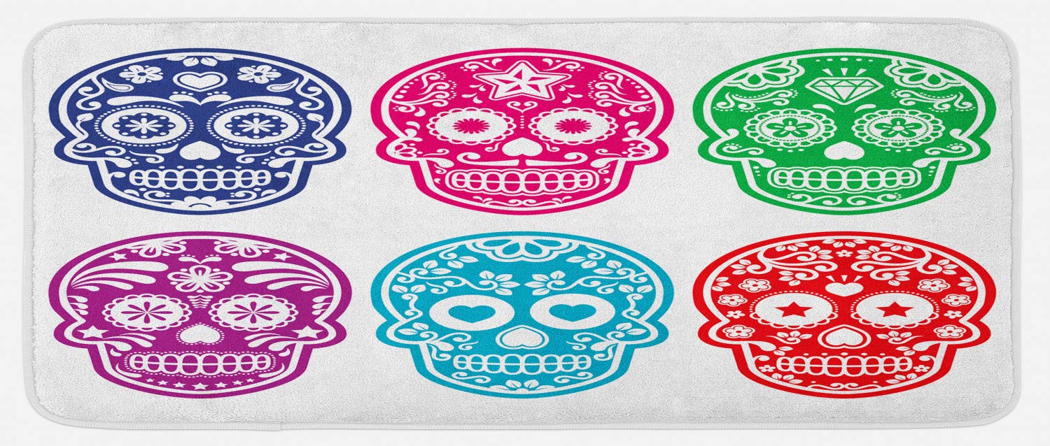 Ambesonne Non-Slip Kitchen Rug - Mexican Sugar Skull Design, Day of The Dead Themed Plush Bathroom & Kitchen Mat, 47