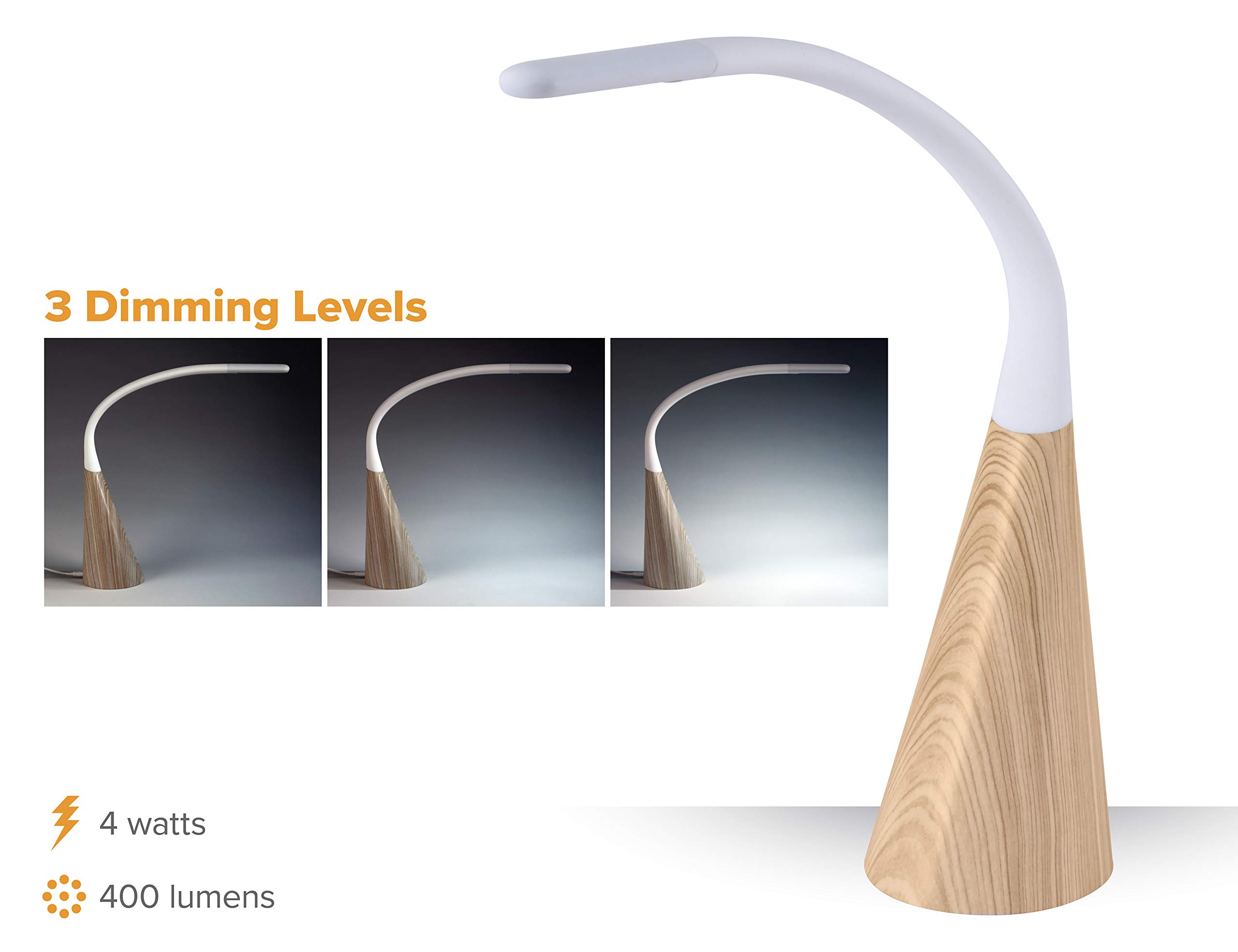 Adjustable Wood Grain Desk Lamp with 3 Brightness Levels & USB Charging Port - Perfect for Home Office, Study, and Bedroom Reading (VLED1701-W)