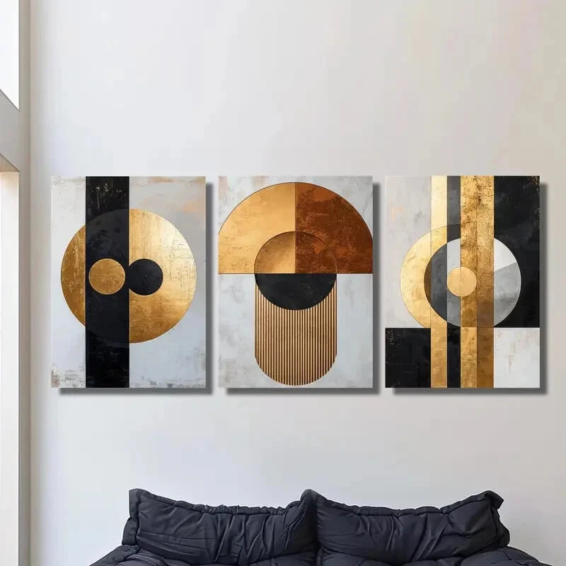 3-Piece Golden Black Geometric Abstract Wall Art Set - Framed Canvas 40x60cm - High Quality Print - 100% Australian Made - Ready to Hang - Perfect for Living Room, Bedroom & Office Decor