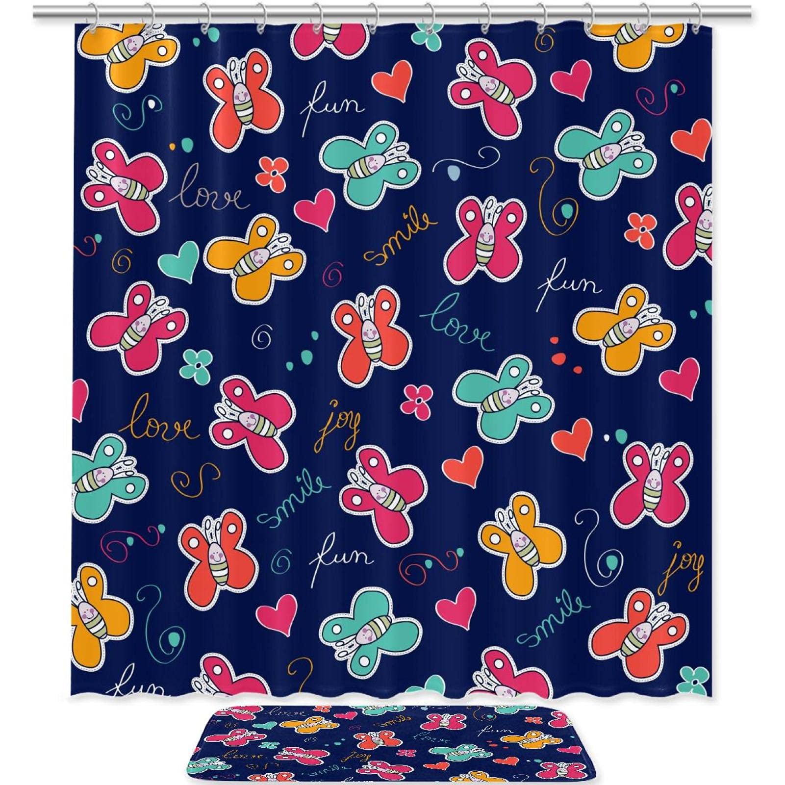 Waterproof Navy Blue Butterfly Shower Curtain with 12 Hooks - 70.8 x 70.8 Inch Bathroom Decor for Modern & Vintage Style Homes