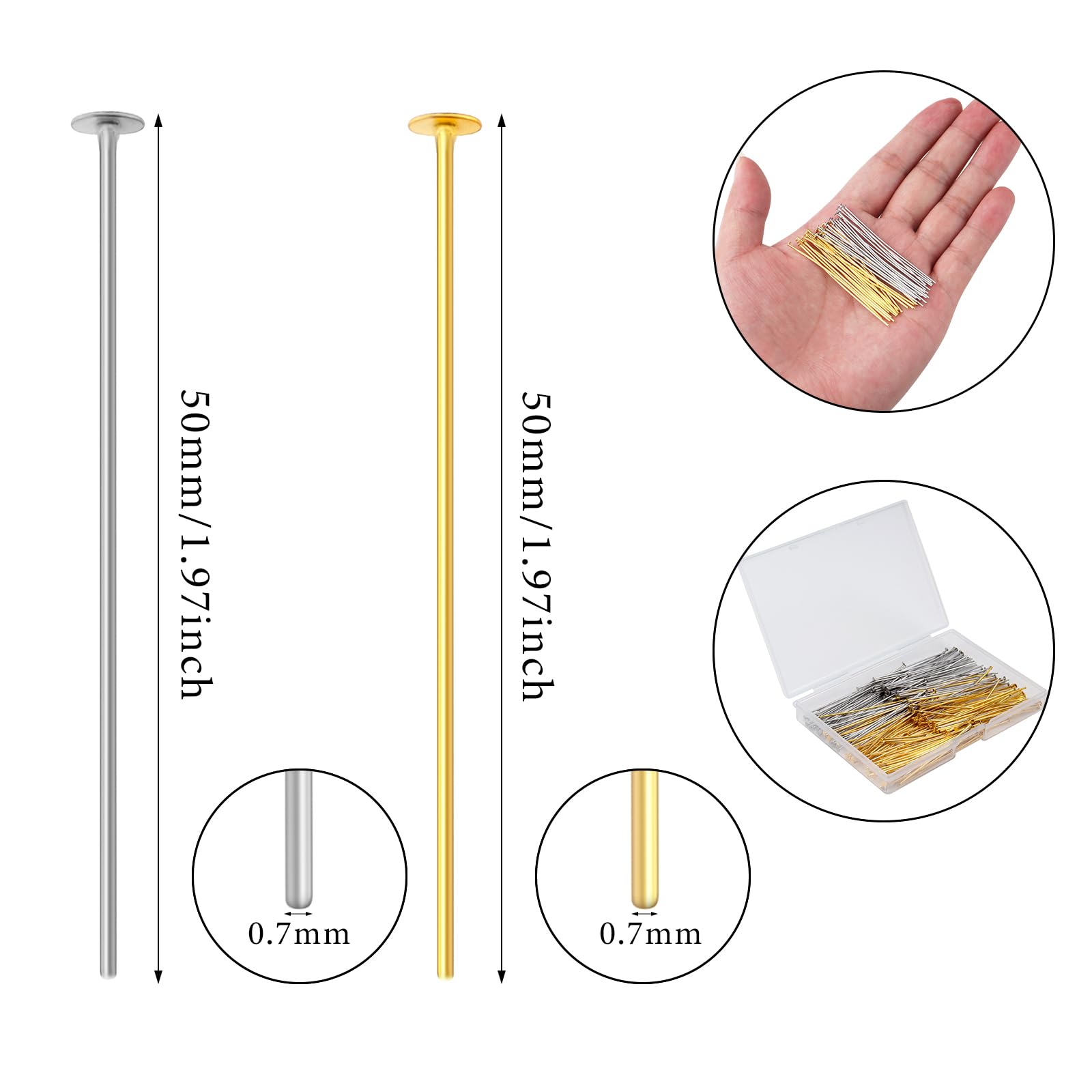 Yumttero 50mm Jewelry Head Pins - 200pcs Gold & Platinum for Earrings, Bracelets - DIY Craft Supplies