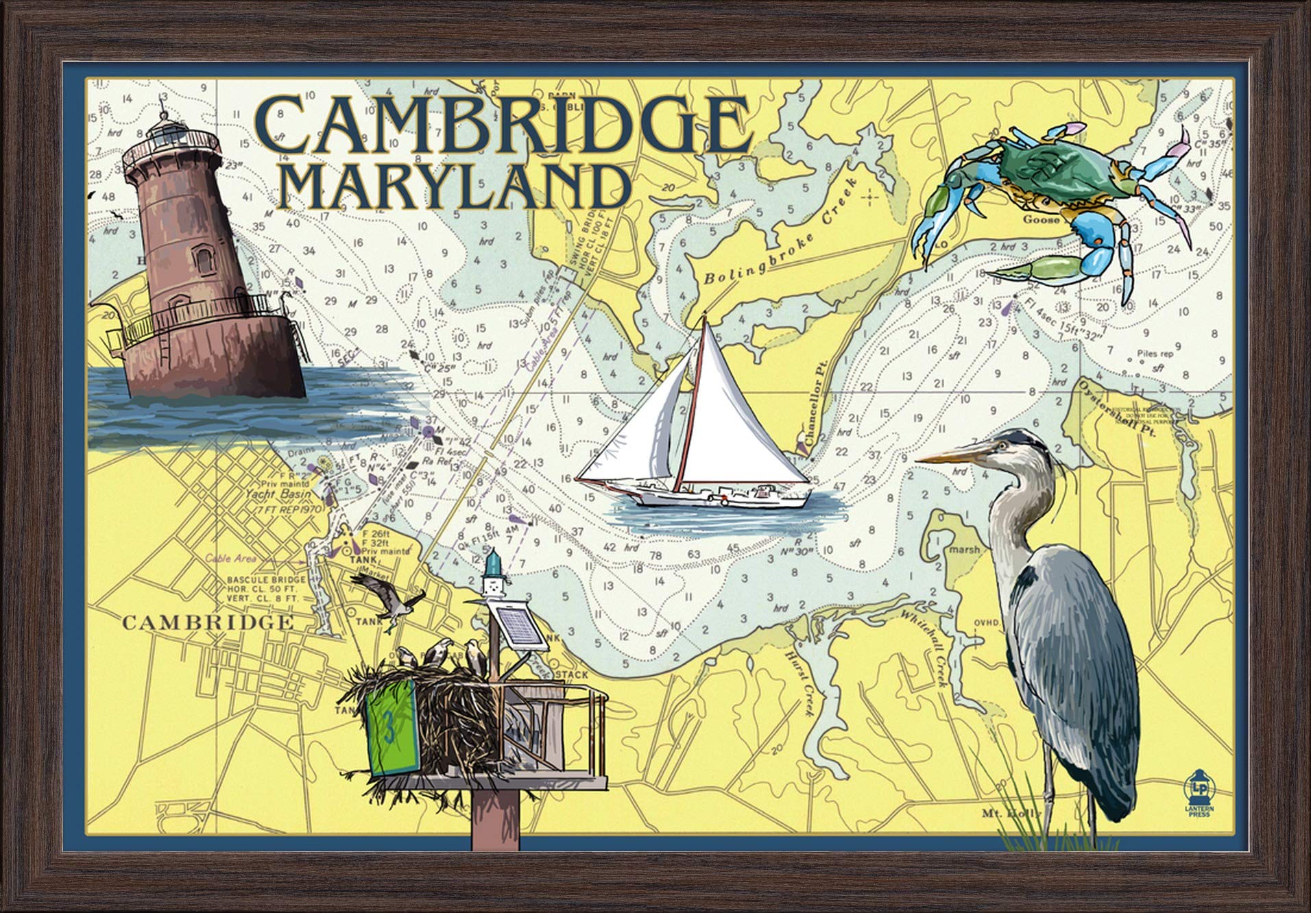 Cambridge Maryland Nautical Chart - 16x24 Inch Giclee Fine Art Print with Recycled Wood Frame in Espresso Brown - Perfect for Coastal Home Decor, Office Wall Art & Nautical Gift Ideas