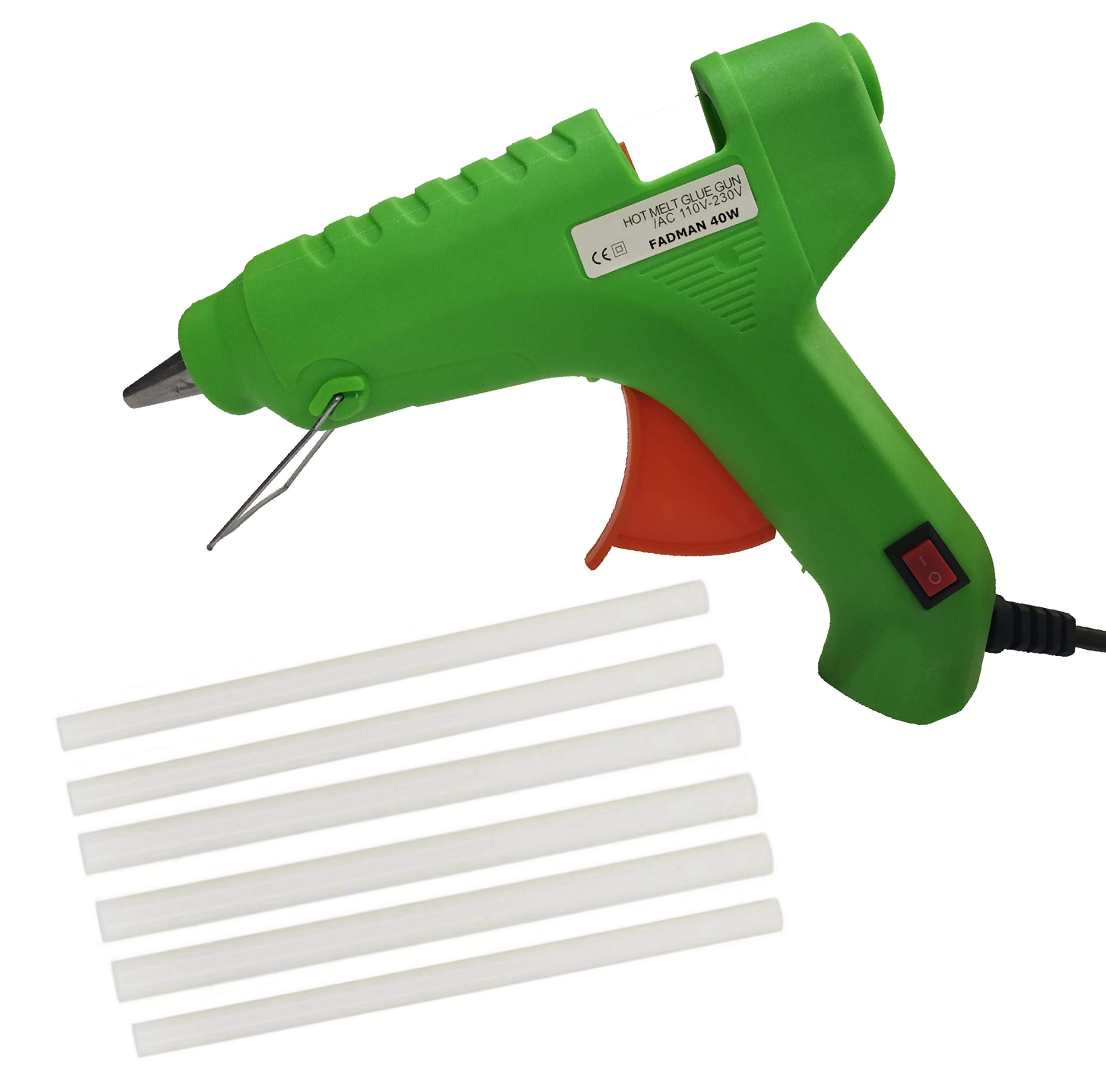 FADMAN 40W Hot Melt Glue Gun with On/Off Switch - Includes 6 Transparent Glue Sticks for DIY Crafts, Home Repairs & School Projects