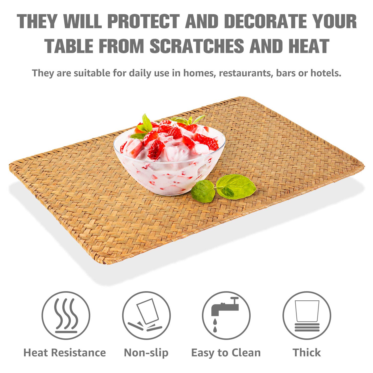 6-Piece Natural Woven Rattan Rectangular Placemats Set - Eco-Friendly Table Mats for Dining & Kitchen - Perfect for Dinner Parties, Holiday Decor & Home Styling