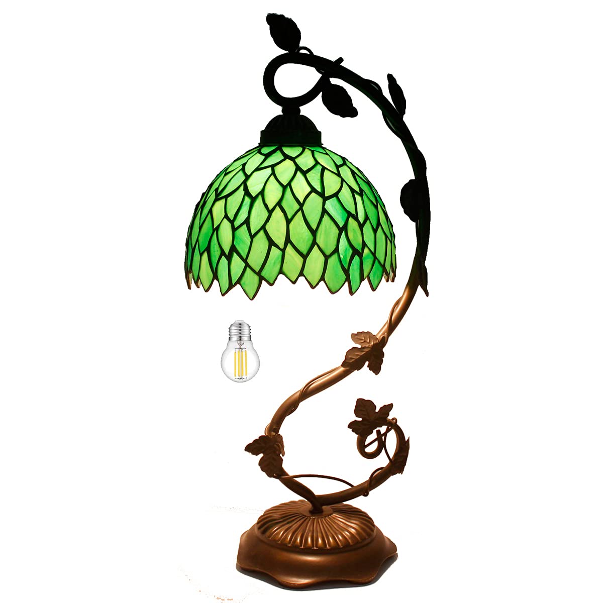 Tiffany Style Stained Glass Table Lamp - Green Wisteria Design with Metal Leaf Base, 8x10x21 Inches, Perfect for Bedroom, Home Office, Reading Light, Small Space Decor (S523 Series) | Elegant Lighting for Cozy Nights & Workspaces
