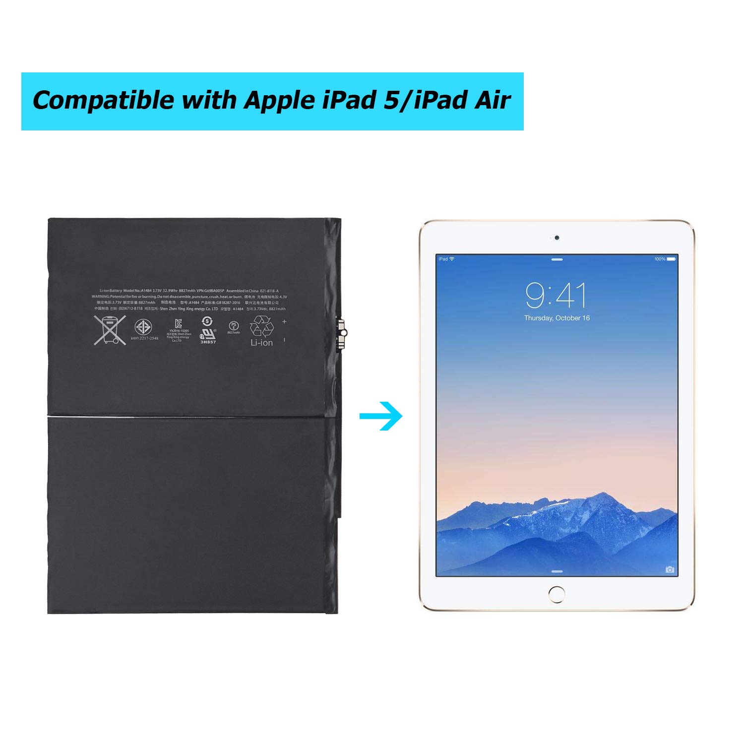 High Capacity A1484 6712-6700 Replacement Battery for iPad 5 / iPad Air / iPad Mini (5th/6th/7th Gen) - Compatible with Models A1474, A1475, A1476, A1822, A1823, A1893, A1954, A2197 - Perfect for Home, Office & Travel Use