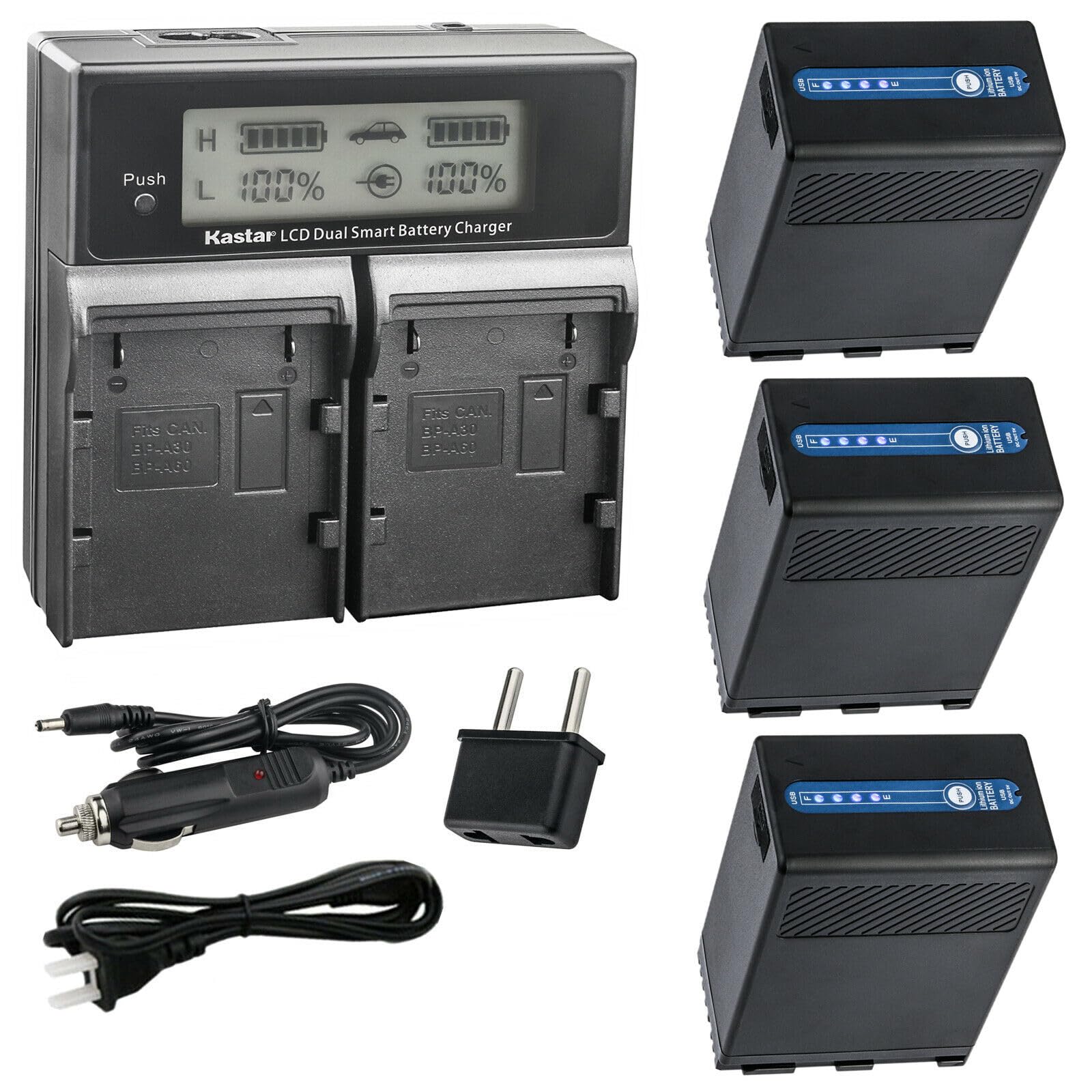 Kastar 3-Pack BP-A68 Fast Dual Charger for Canon C500 EF/PL Mount 4K Cinema Cameras - LCD Display, AC/DC Power - Perfect for On-Set Filming & Professional Videography