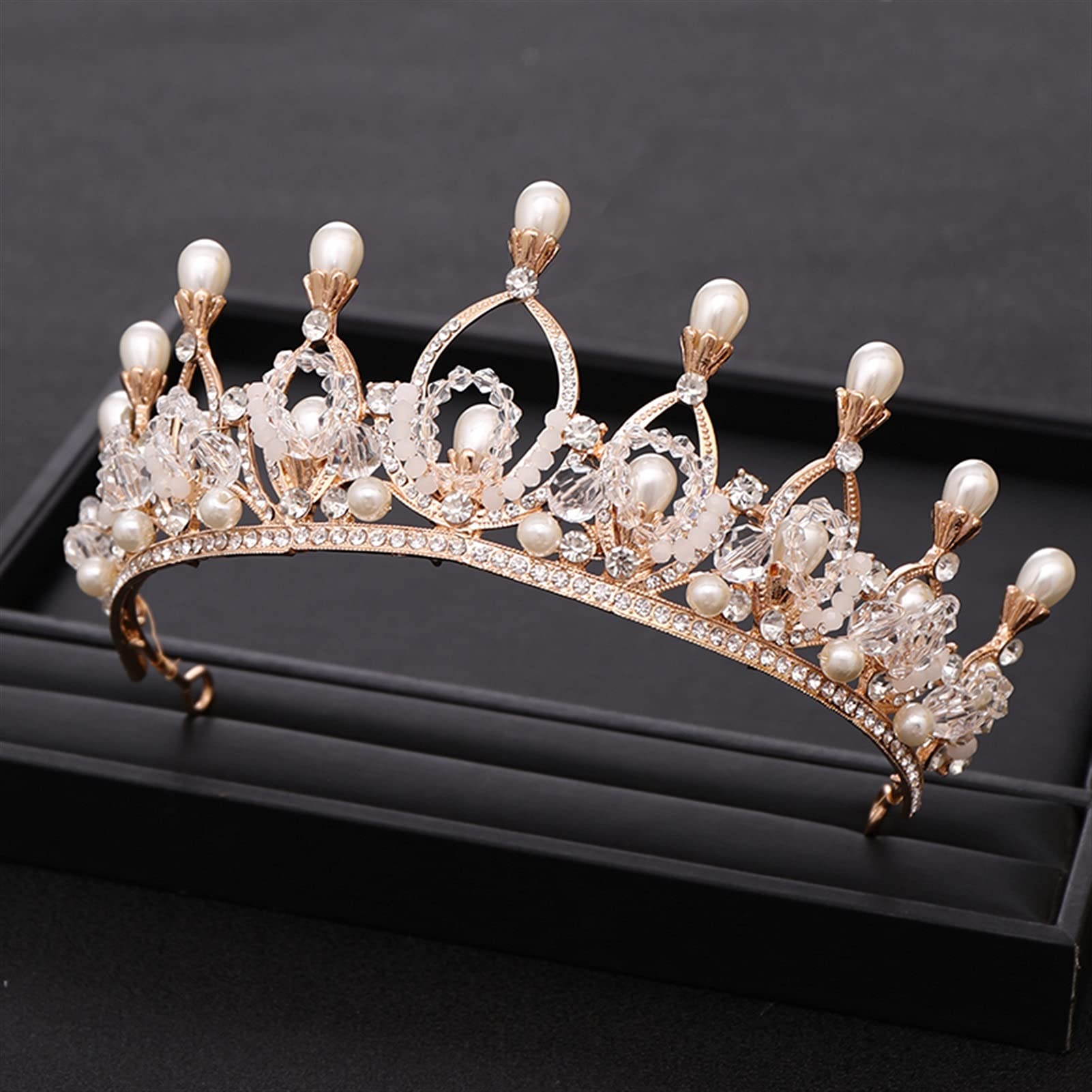 Trendy Rhinestone Crystal Pearl Wedding Crown - Golden Princess Headdress for Brides | Elegant Bridal Hair Accessories for Weddings, Prom & Special Occasions
