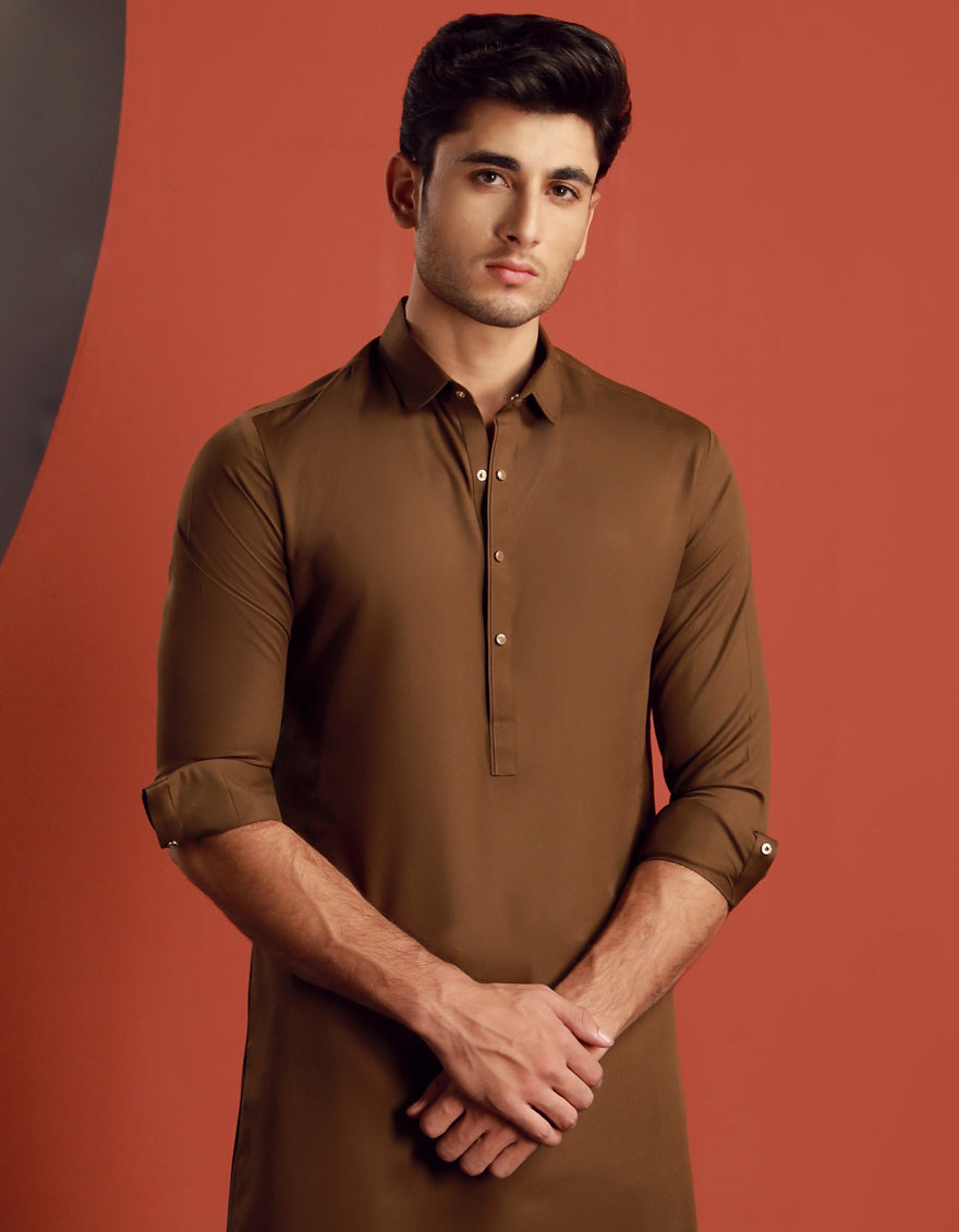 Elegant Blended Brown Shalwar Kameez by J. Junaid Jamshed - Traditional Pakistani Dress for Weddings, Festivals & Special Occasions