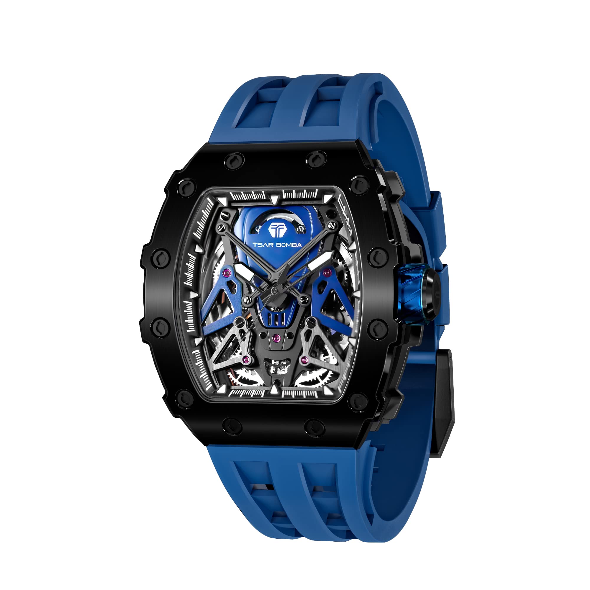 TSAR BOMBA Men's Luxury Skeleton Mechanical Watch - 50M Waterproof Analog Wristwatch with Silicone Strap, Big Square Face & Original Tonneau Design | Perfect for Business, Formal Events & Everyday Wear