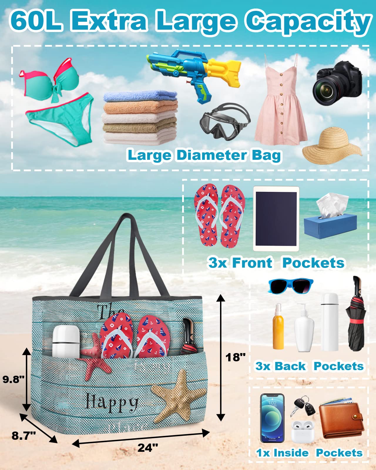 Waterproof & Sandproof Beach Tote Bag for Women - Large Blue Ombre Wooden Stripes Mesh Bag with Zipper & Pockets | Perfect for Summer Beach Trips, Pool Parties & Outdoor Picnics