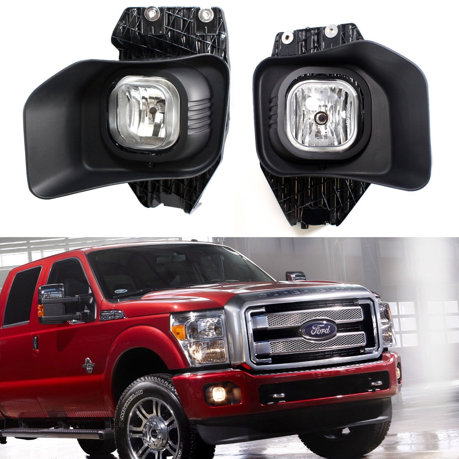 Clear Lens Fog Lights with Bezel Covers & Wiring Kit for 2011-2016 Ford F250 F350 - Durable Off-Road Lighting for Night Driving & Adverse Weather Conditions