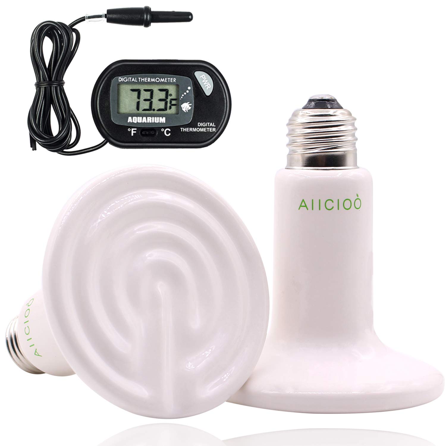100W Ceramic Heat Emitter Bulb for Reptiles - Infrared Heating Lamp for Bearded Dragons, Turtles, Snakes & Lizards with Digital Thermometer - No Light Emission, White - Perfect for Terrariums, Brooders & Pet Habitats