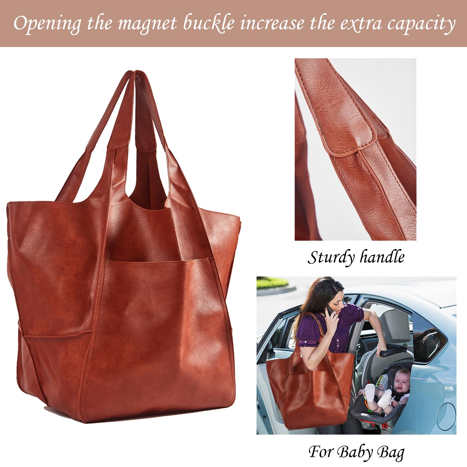 KlaOYer Oversized Leather Tote Bag - Large Capacity Work Hobo Purse, Soft PU Leather Handbag for Women | Perfect for Travel, Shopping & Daily Commute