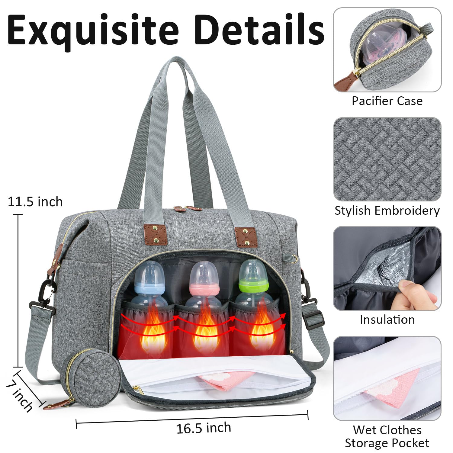 Stylish Grey Diaper Bag Tote for Moms & Dads - Waterproof Baby Travel Bag with Pacifier Case & Multiple Pockets - Perfect for Hospital Visits, Daycare Trips & Family Outings