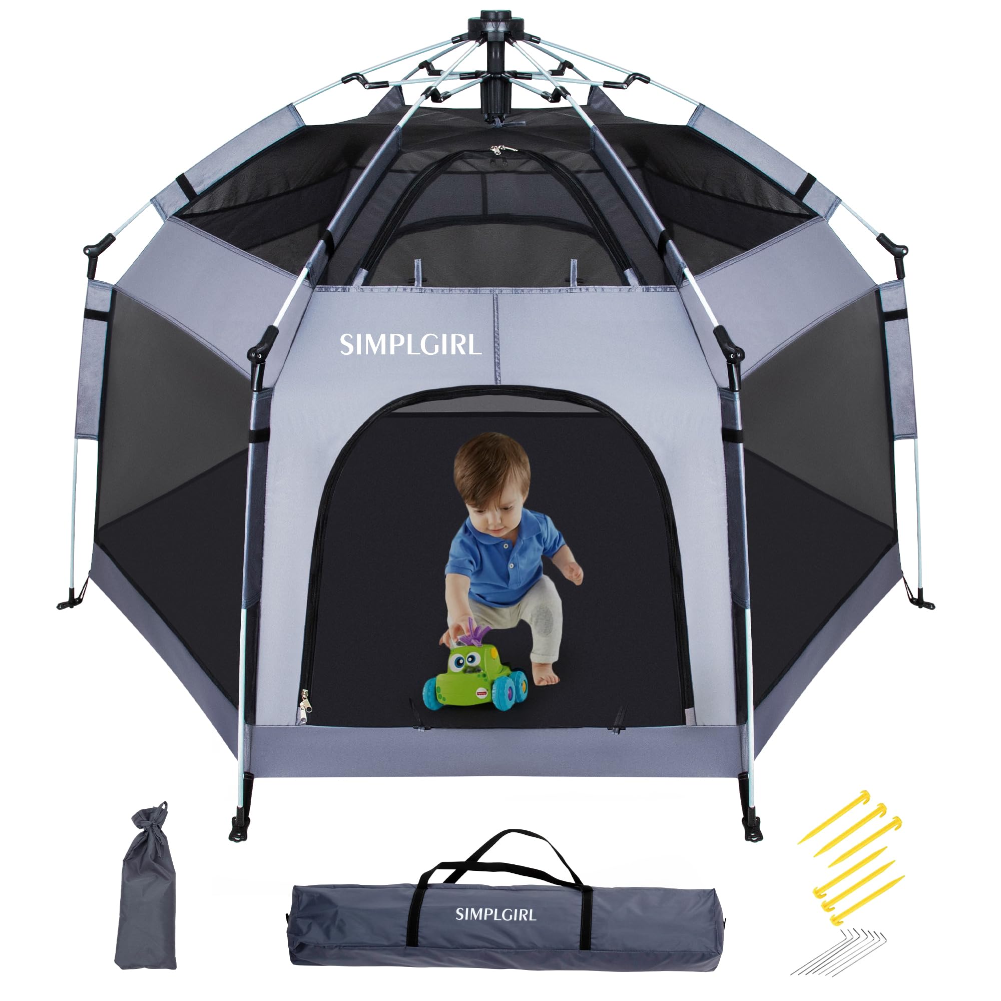 **Premium Indoor & Outdoor Baby Playpen - Portable Lightweight Pop-Up Play Yard with Canopy & Travel Bag - Safe Play Space for Toddlers - Ideal for Home, Travel, Beach & Park (Grey)**