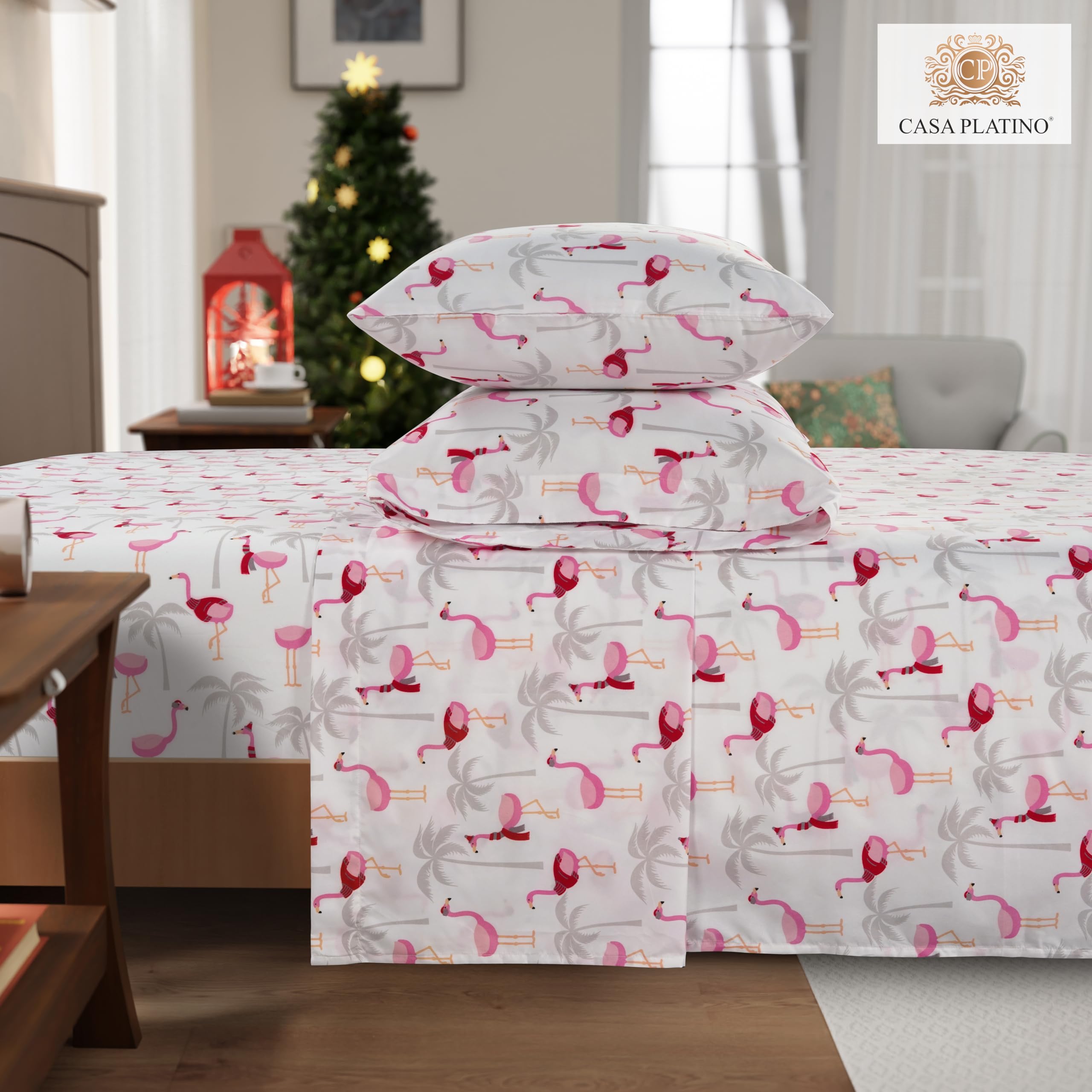Premium Casa Platino Twin Size Bedding Set - Ultra Soft Brushed Microfiber Sheets & Pillowcases, Breathable & Cozy for All Seasons | Perfect for Guest Rooms, Dorms, and Vacation Homes - Flamingo Holiday Design