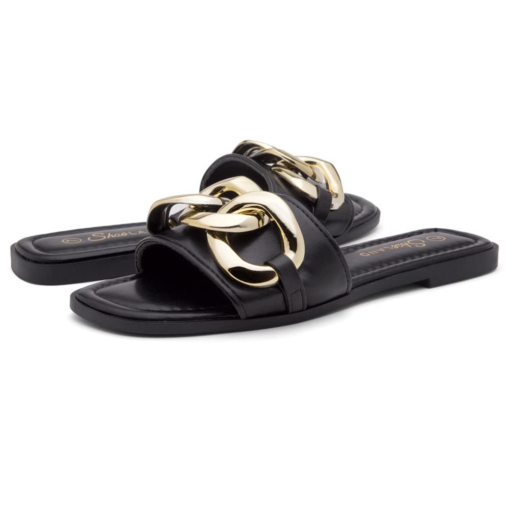 EMMA Women's Flat Sandals – Square Open Toe Slip-On Slides with Metal Chain & Cushioned Footbed | Comfortable Summer Sandals for Beach, Vacation & Daily Wear