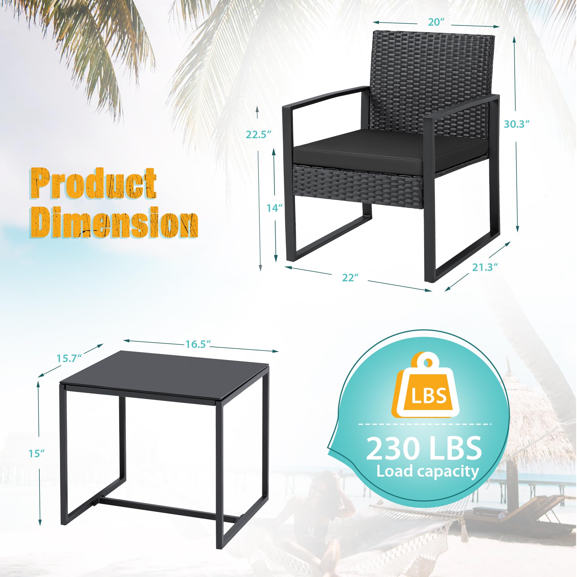 Flamaker 3-Piece Outdoor Patio Furniture Set - Modern Wicker Rattan Chairs with Coffee Table - Black Bistro & Garden Conversation Set for Backyard, Poolside & Balcony Relaxation