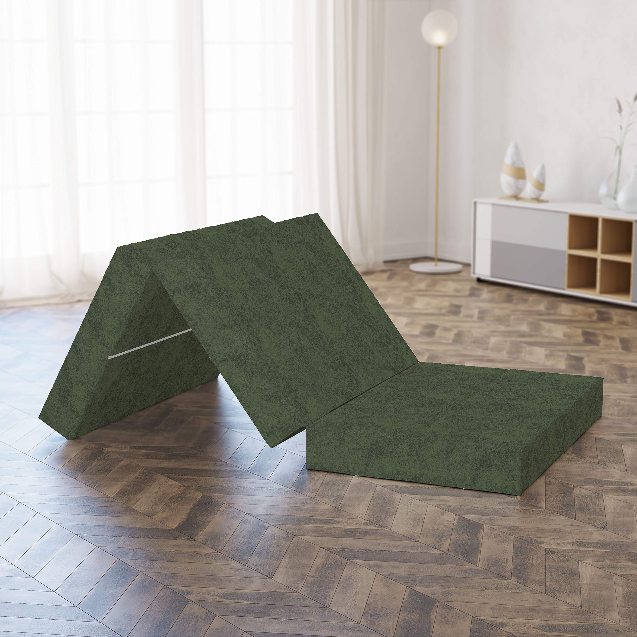 Ambesonne Faux Suede Foldable Mattress - Queen Size Digital Printed Portable Futon Mat, Lightweight Sleeping Pad for Guest Bed, Camping & Dorm Use - Olive Green | Perfect for Spare Bedroom, Travel & Outdoor Adventures