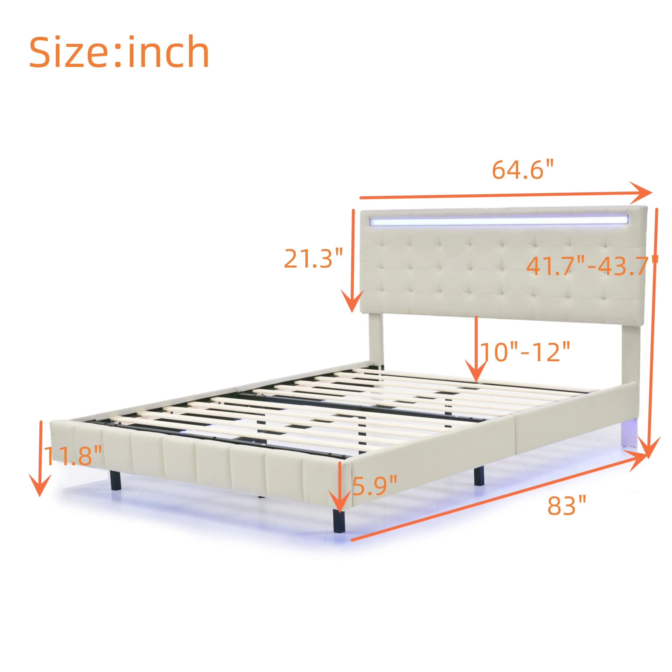 Merax Queen Size Floating LED Platform Bed Frame with Wood Slats & USB Charging - Upholstered Wood Bed with LED Lights, No Box Spring Needed, Easy Assembly in Beige - Perfect for Modern Bedrooms & Smart Home Decor