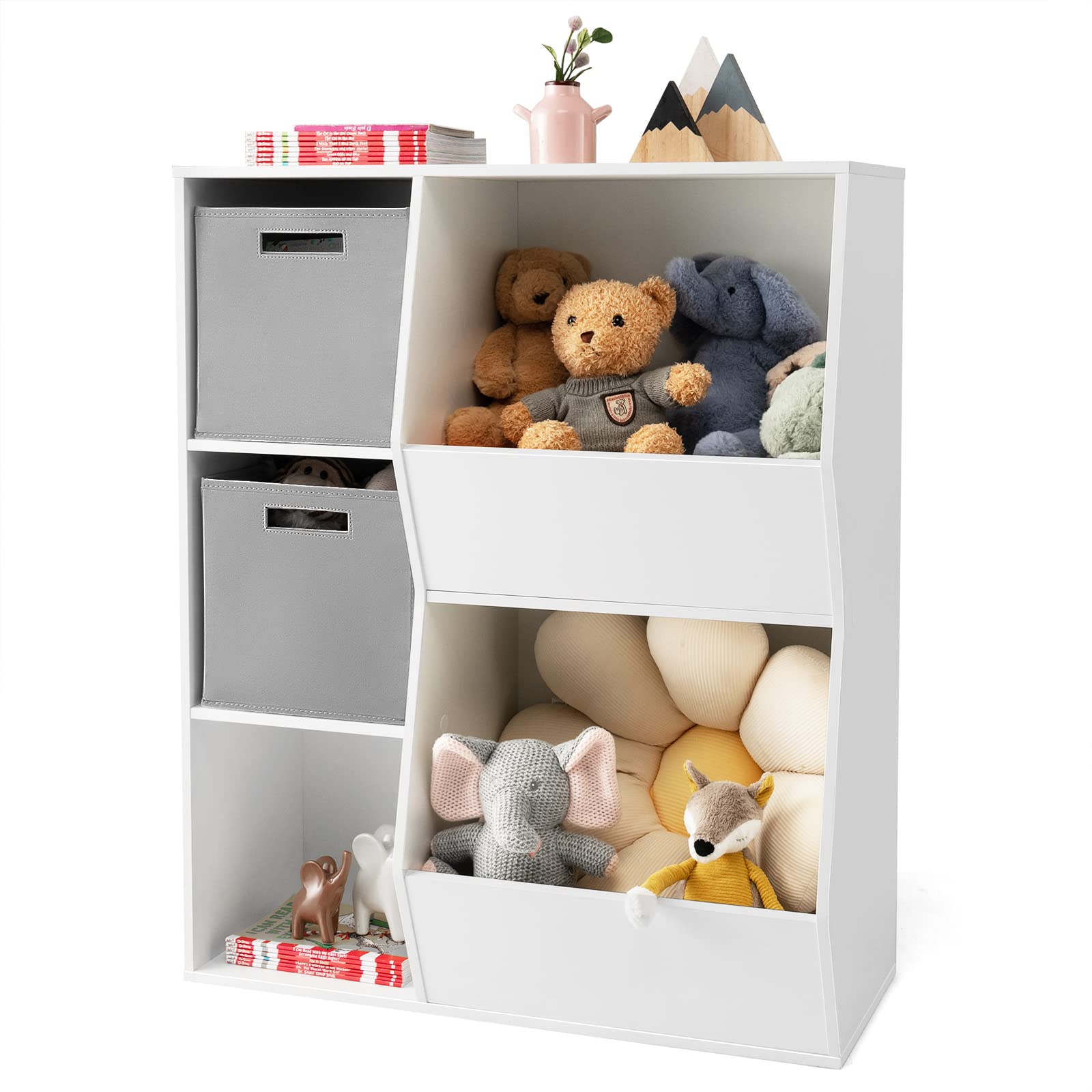 HONEY JOY 5-Cubby Wooden Kids Toy Storage Organizer & Bookshelf with 2 Storage Bins - Playroom, Nursery, Daycare & Kindergarten Toy Display Cabinet for Books, Toys & Organization