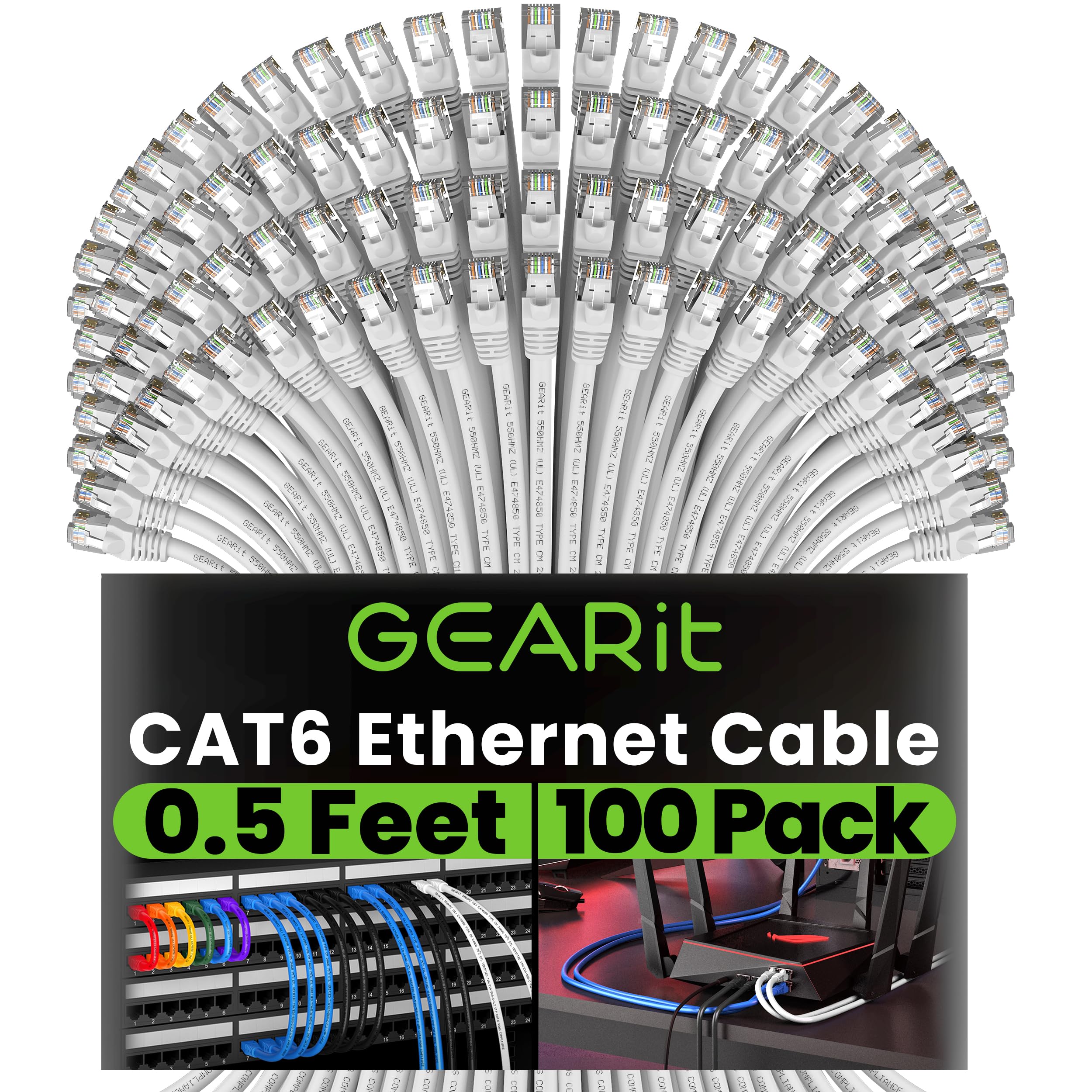 GEARit Cat 6 Ethernet Cable 100-Pack (0.5 Feet) - 10Gbps High-Speed Snagless RJ45 Network Patch Cord with Gold-Plated Connectors - for PC, Laptop, TV, Router, Gaming Console, Smart Home & Office Networking - Ideal for IT Data Centers and Server Rooms