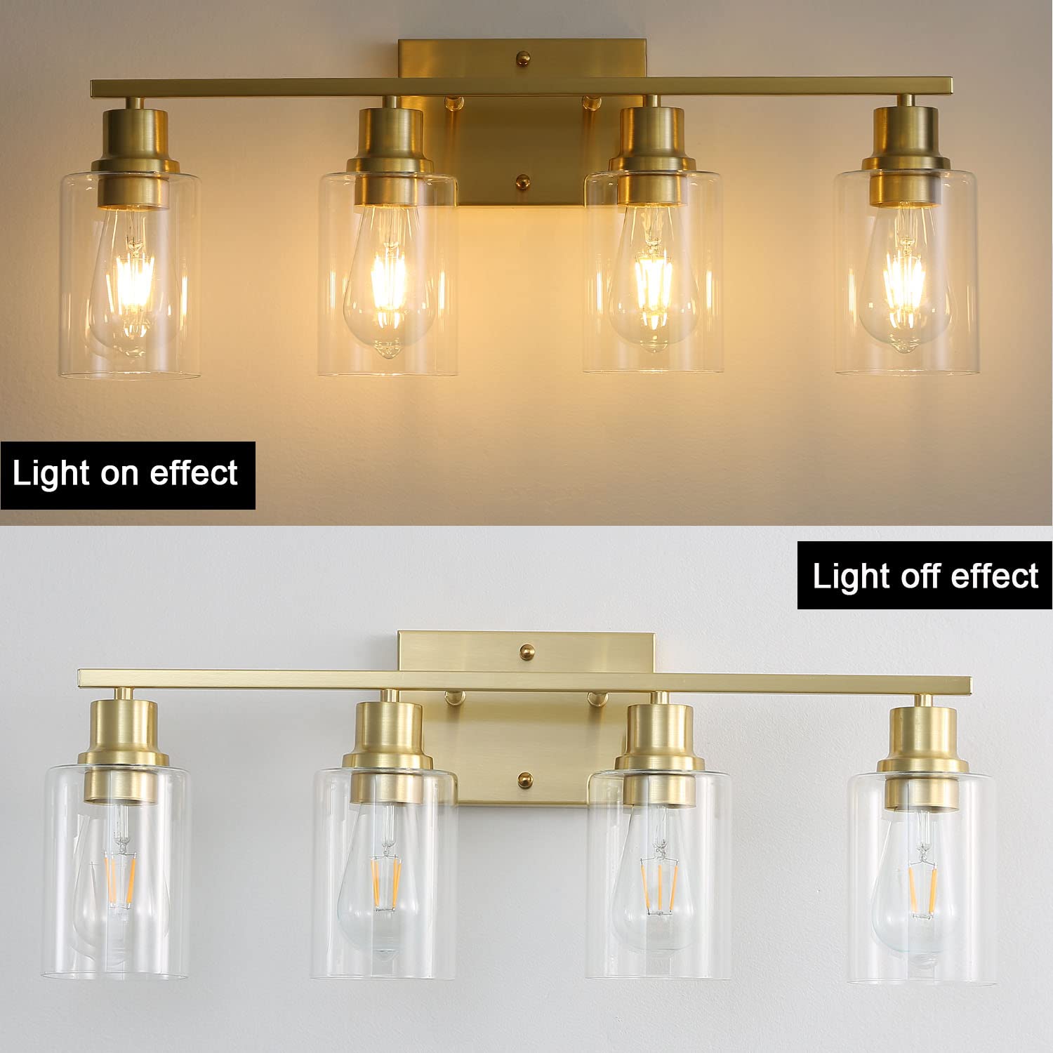 4-Lights Gold Bathroom Vanity Light Fixture - Brushed Brass Modern Wall Sconce with Clear Glass Shade - Perfect for Bathroom, Living Room, Hallway & Bedroom Lighting Decor