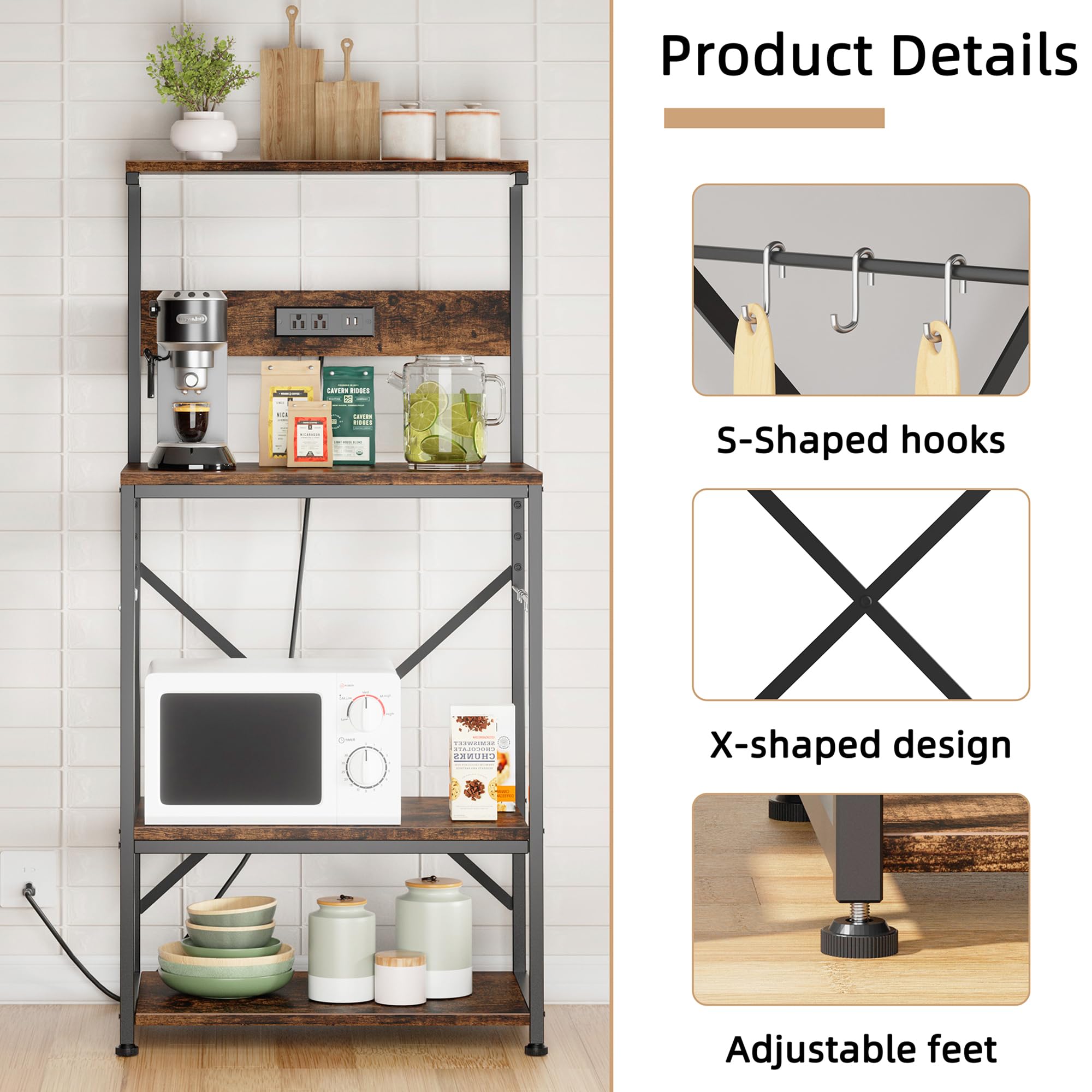 JAMFLY 4-Tier Kitchen Bakers Rack with Power Outlet & 6 S-Hooks - Microwave Stand, Coffee Bar Organizer, Rustic Brown - Perfect for Small Kitchens, Apartments & Coffee Stations