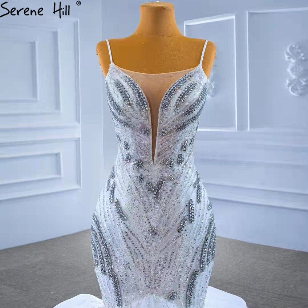 Serene Hill 2025 White Ruffles Beaded Luxury Wedding Dress - Spaghetti Straps Mermaid Gown for Elegant Brides | Perfect for Beach Weddings, Vow Renewals & Formal Evening Receptions HM67386
