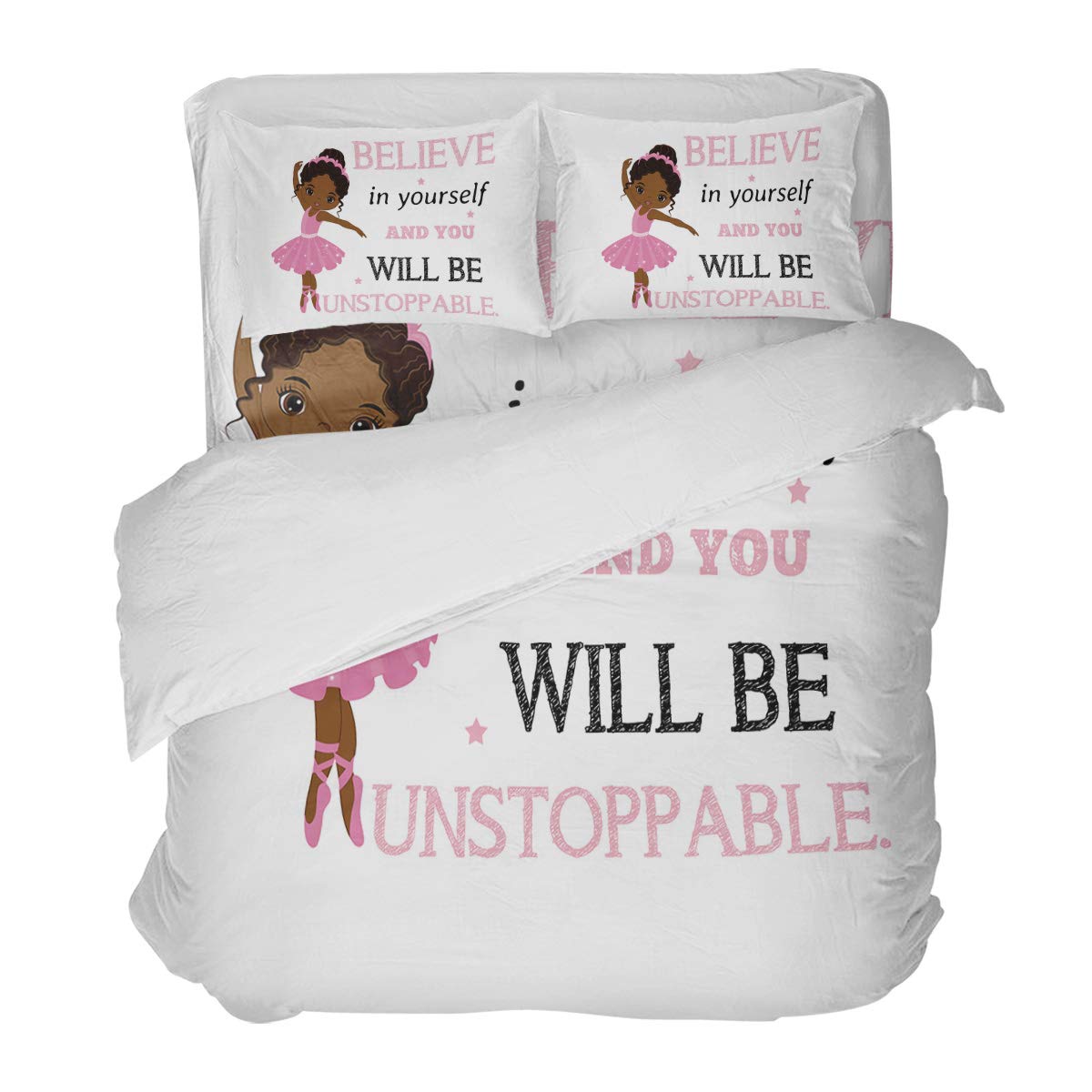 Litter Star 4-Piece Duvet Cover Set - African American Girl Ballet Dancer Design, Ultra Soft Quilted Bedding with 2 Pillowcases, Inspirational Text - Perfect for Kids' Room Decor & Dance Themed Bedrooms