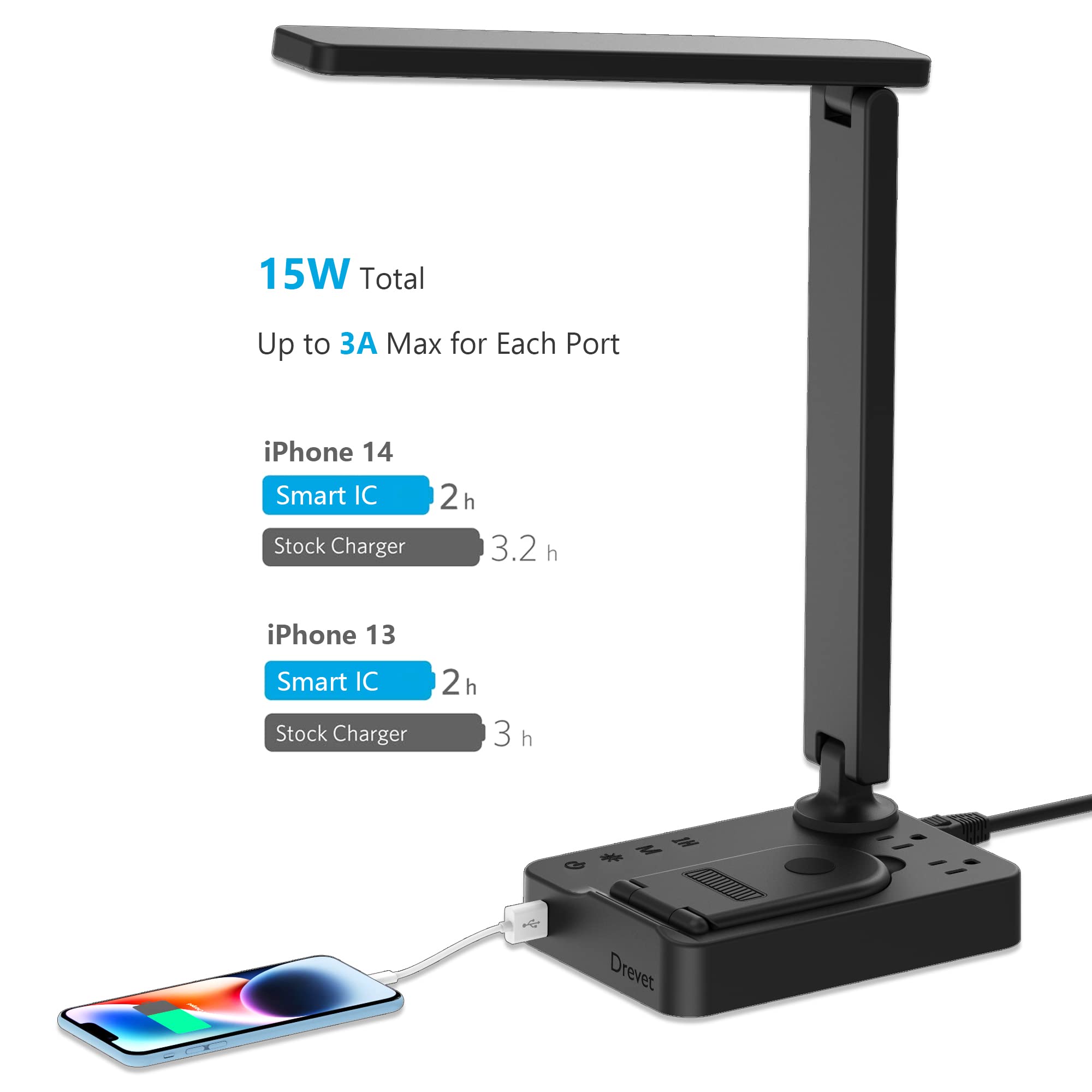 Drevet LED Desk Lamp with Wireless Charger & USB Port - 3 Lighting Modes, Adjustable Brightness, Touch Control - Foldable Eye-Caring Light for Home Office, Study, Reading & Nightstand Use