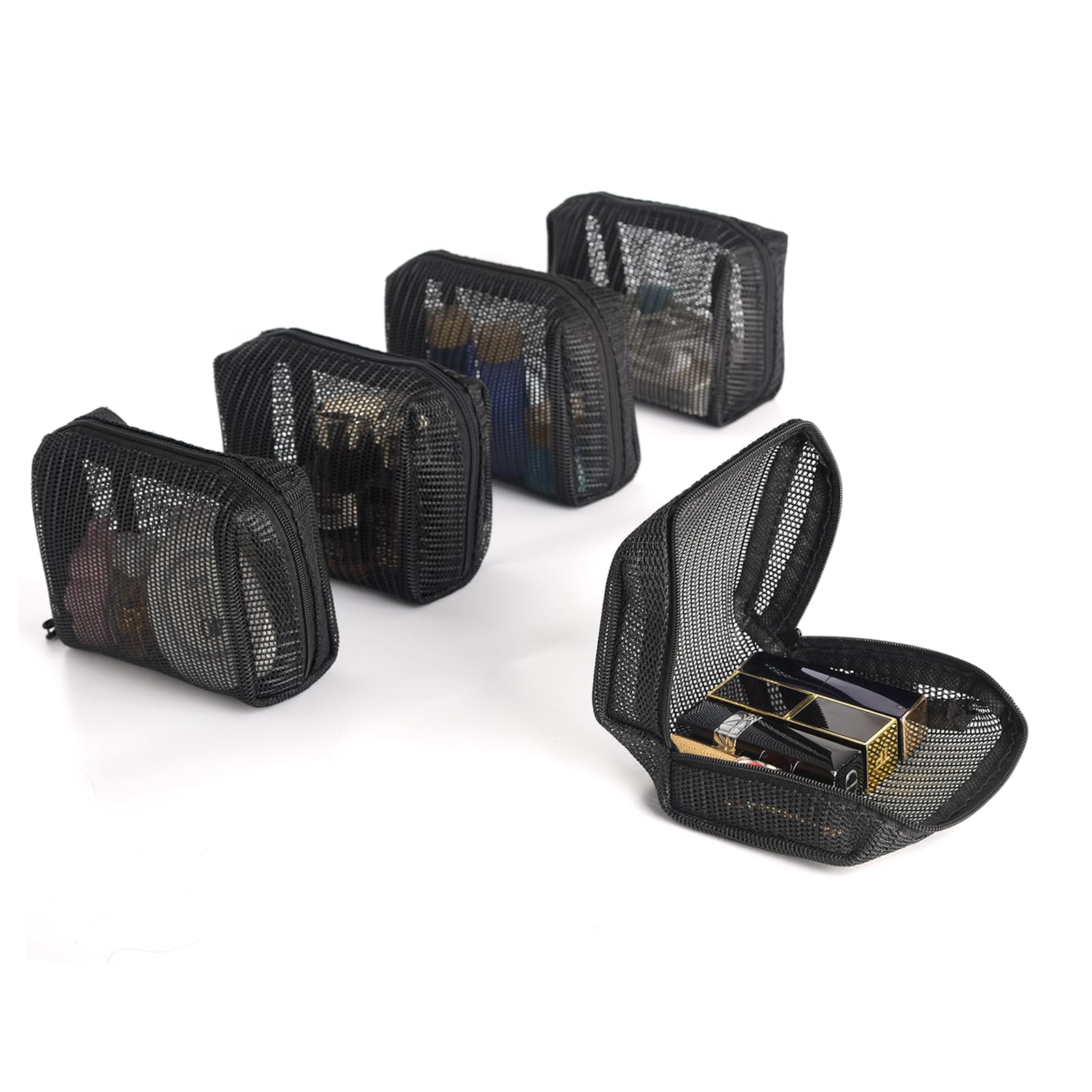 Portable Mini Mesh Zipper Bags 5-Pack - Small Cosmetic Organizer for Travel & Makeup
