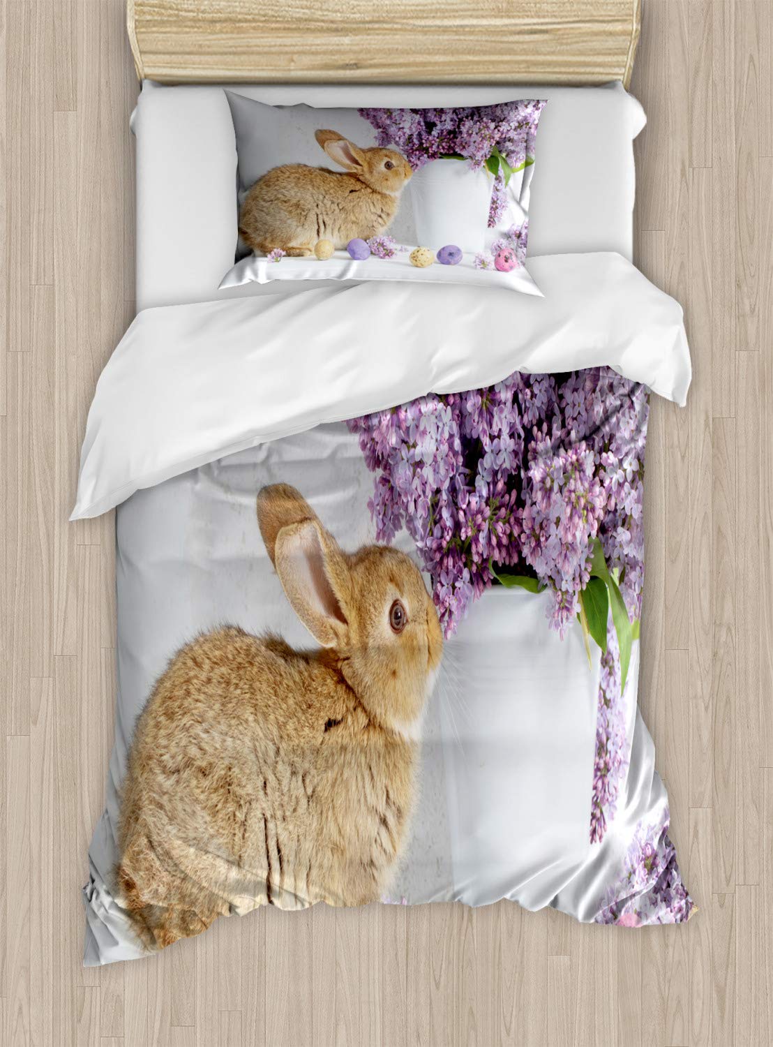 Ambesonne Easter Bunny Duvet Cover Set - Brown Rabbit with Lilac Flowers & Dyed Eggs Floral Design, 2-Piece Twin Size Bedding with Pillow Sham | Spring Decor, Easter Gift, Kids Room Decor